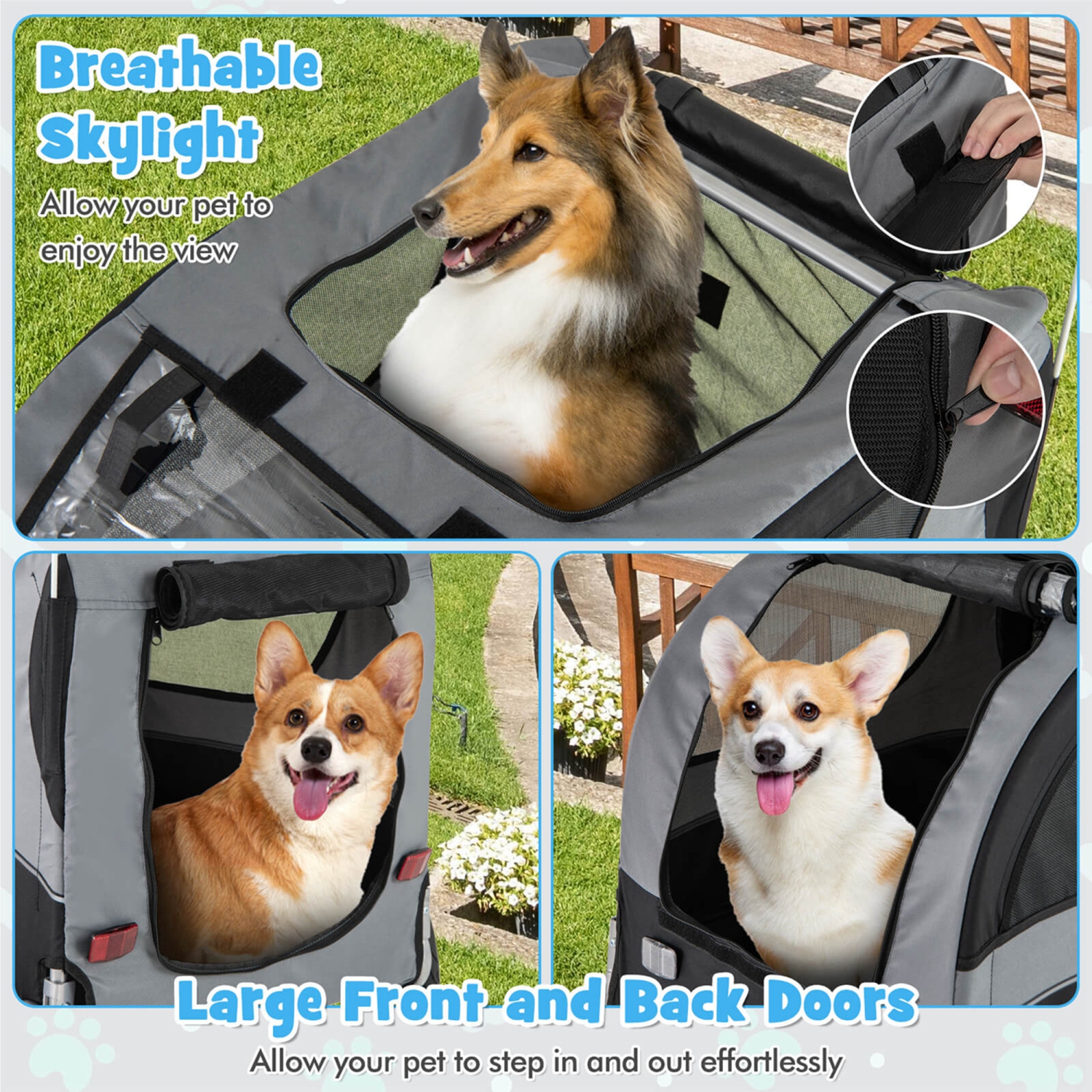 Chariot pliable pour chiens de remorque de Costway avec 3 entrées pour le voyage