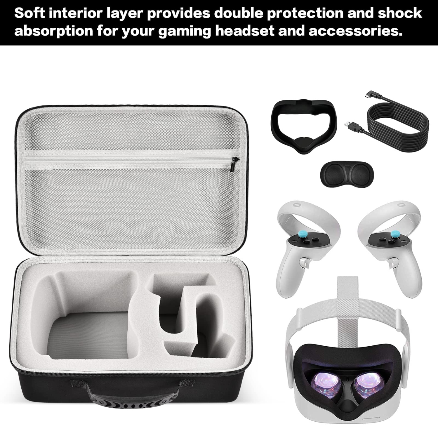 Hard Carrying Case For Meta, Oculus Quest 2 All-In-One Vr Gaming Headset - Touch Controllers, Portable Travel Cover Storage Bag With Silicone Face