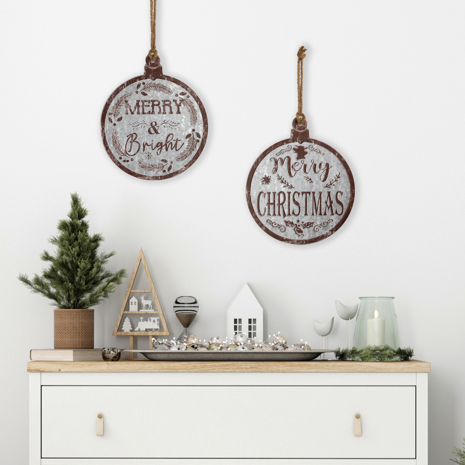 Affiches murales Merry Christmas and Merry and Bright - 14 po - Gris et brun - Ensemble de 2