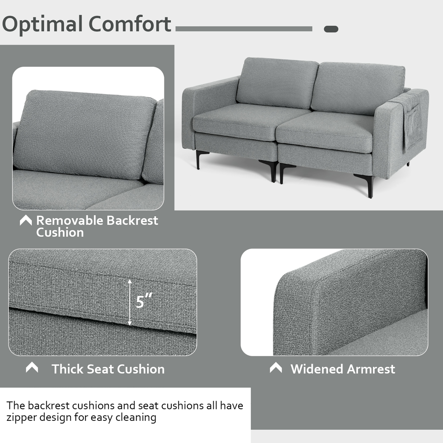 Costway Modern Loveseat Linen Fabric 2-Seat Sofa Couch w/ Side Storage Pocket