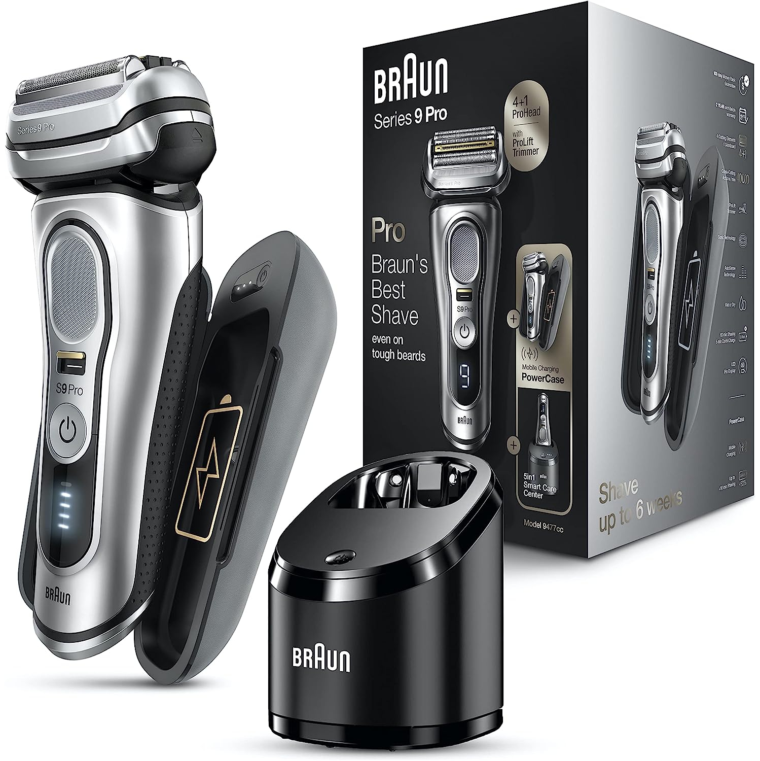 Braun Electric Razor for Men Series 9 Pro 9477cc, Wet & Dry 100% Waterproof Shave, with Portable Charging Case and 5-in-1 Cleaning & Charging SmartCare Center
