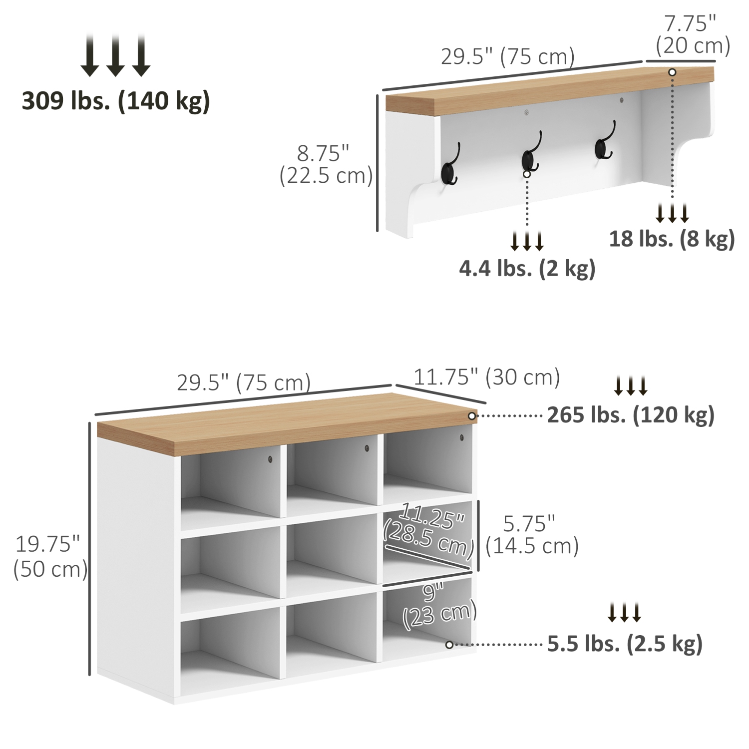 Banc à chaussures avec portemanteau 3-en-1 de HOMCOM, portemanteau à 5 crochets avec banc et rangement pour chaussures pour 9 paires de chaussures,
