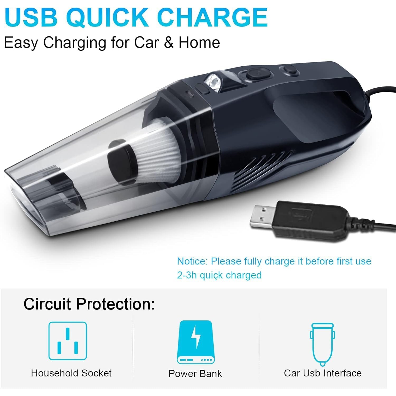 Aspirateur à main Kunova, aspirateur à main portatif sans fil à aspiration puissante 8000Pa avec lampe à DEL, batterie rechargeable à longue