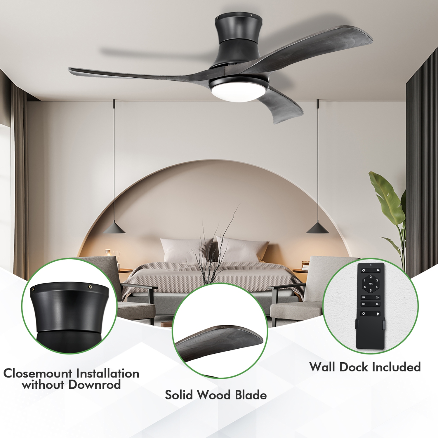 Costway 52 Inches Ceiling Fan with LED Light, Remote Control,6 Wind Speeds and 8H Timer