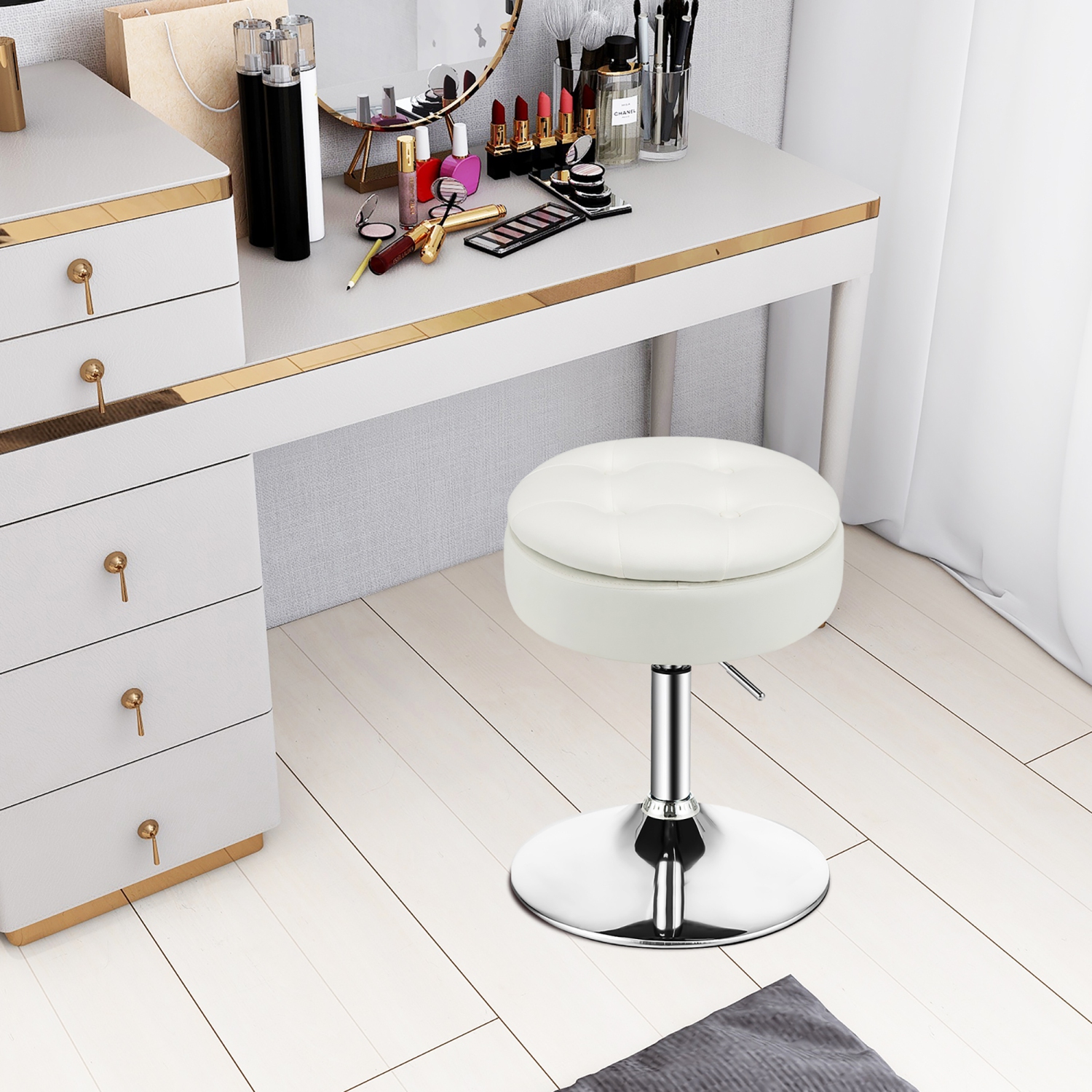 Costway Set of 4 Adjustable&nbsp;Vanity Stool 360° Swivel Storage Makeup Chair with Tray