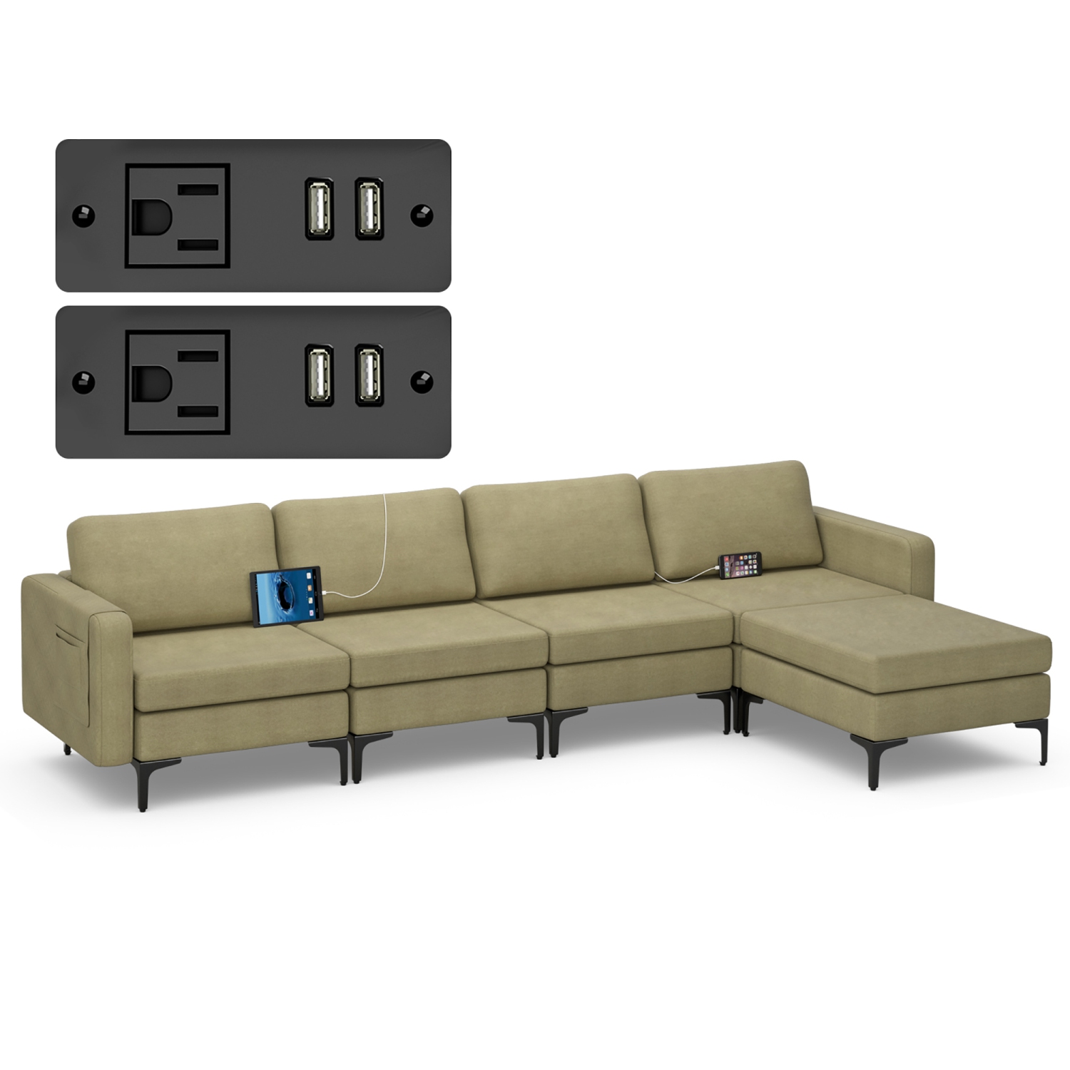Sofa modulaire en L avec chaise réversible et 4 ports USB de Costway