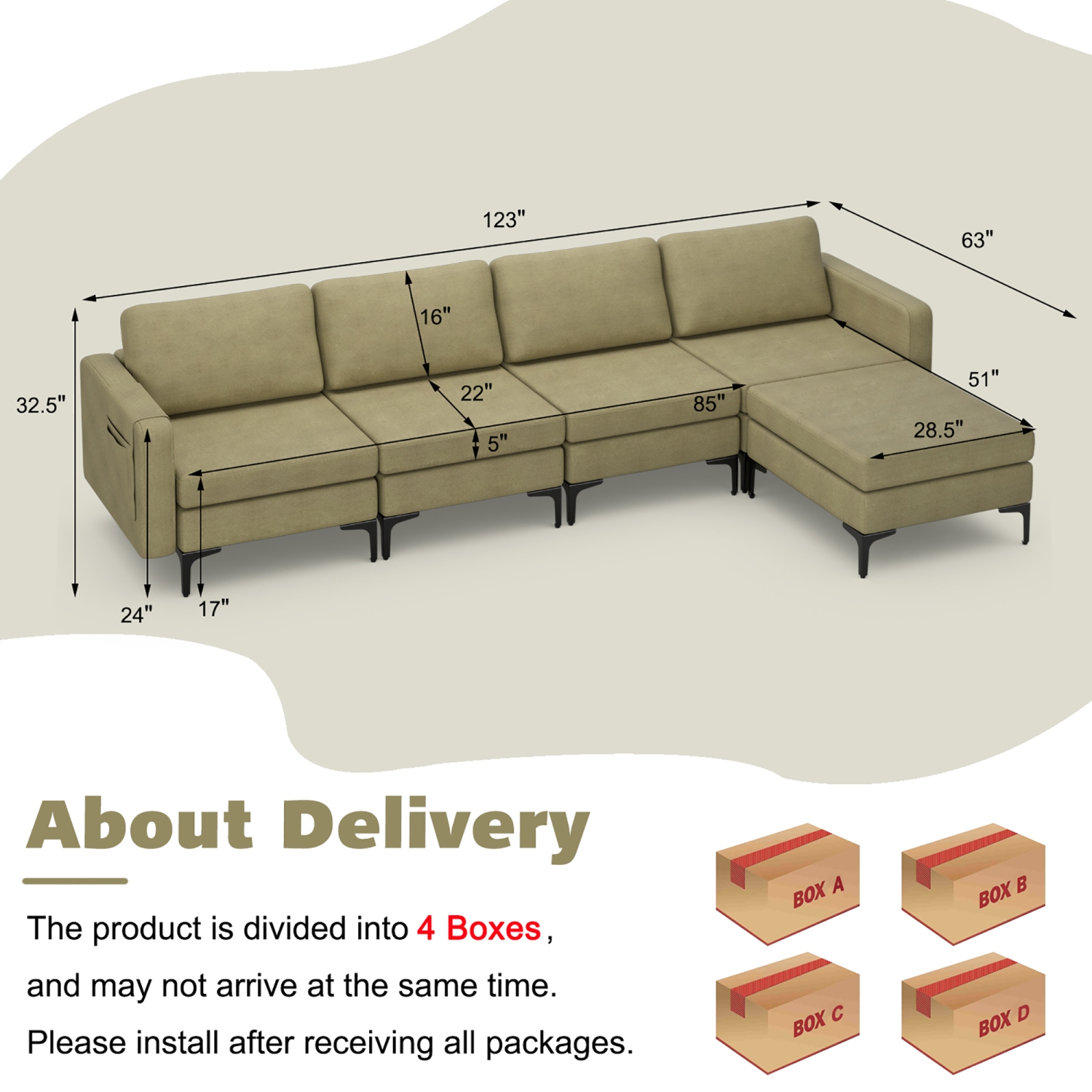 Sofa modulaire en L avec chaise réversible et 4 ports USB de Costway