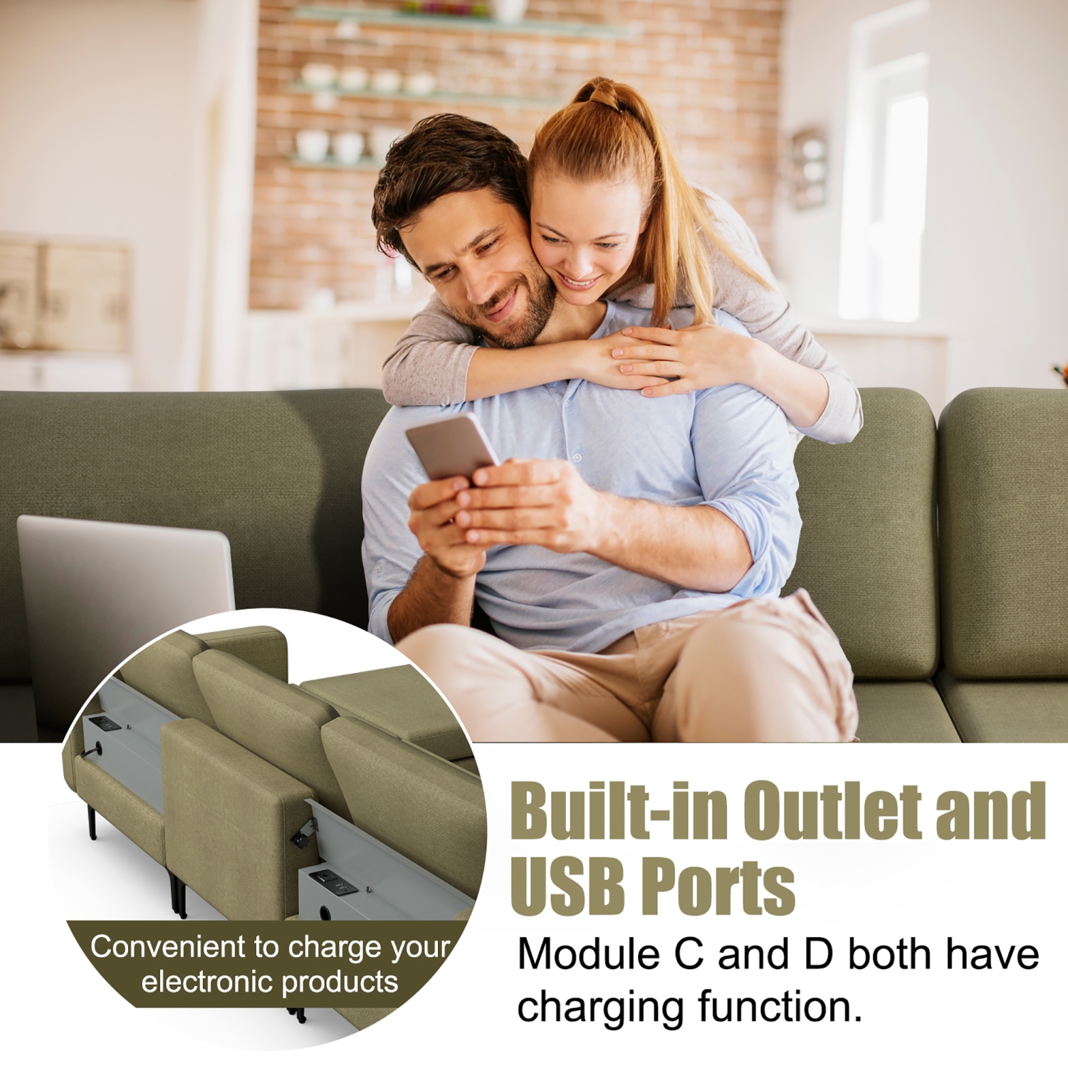 Sofa modulaire en L avec chaise réversible et 4 ports USB de Costway