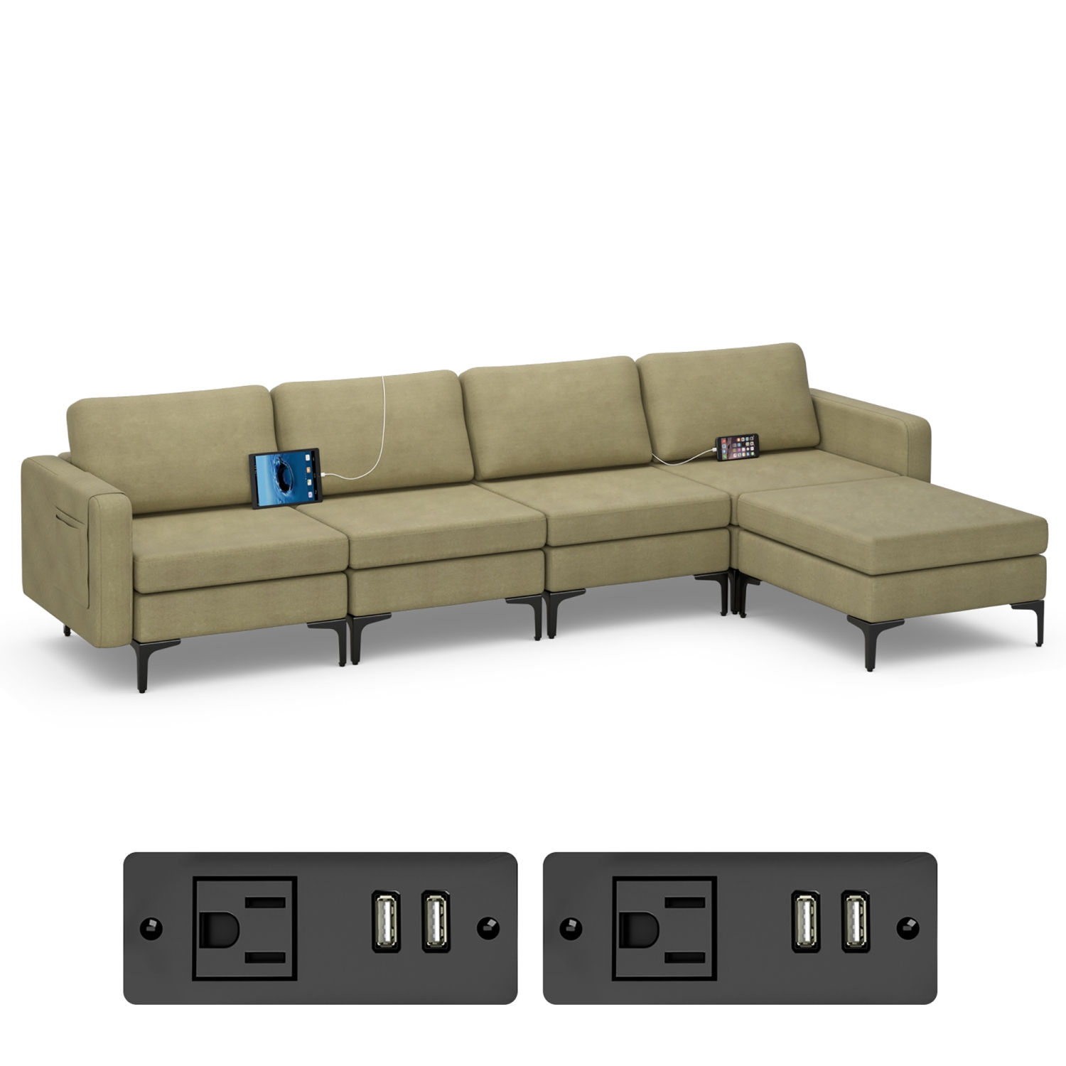 Sofa modulaire en L avec chaise réversible et 4 ports USB de Costway