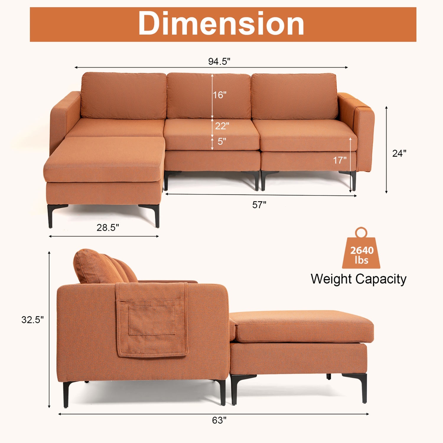 Costway Modular L-shaped Sectional Sofa w/ Reversible Chaise & 2 USB Ports