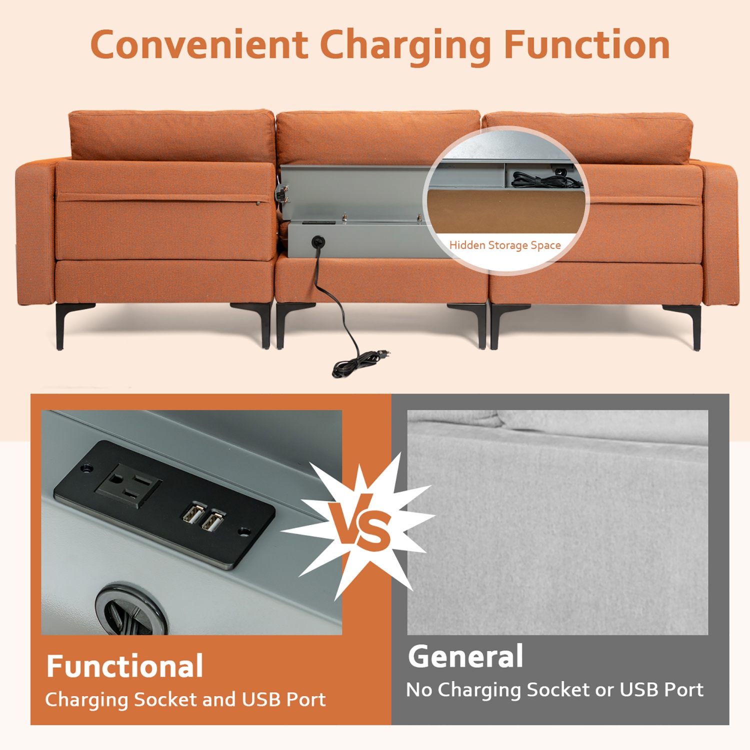 Costway Modular L-shaped Sectional Sofa w/ Reversible Chaise & 2 USB Ports