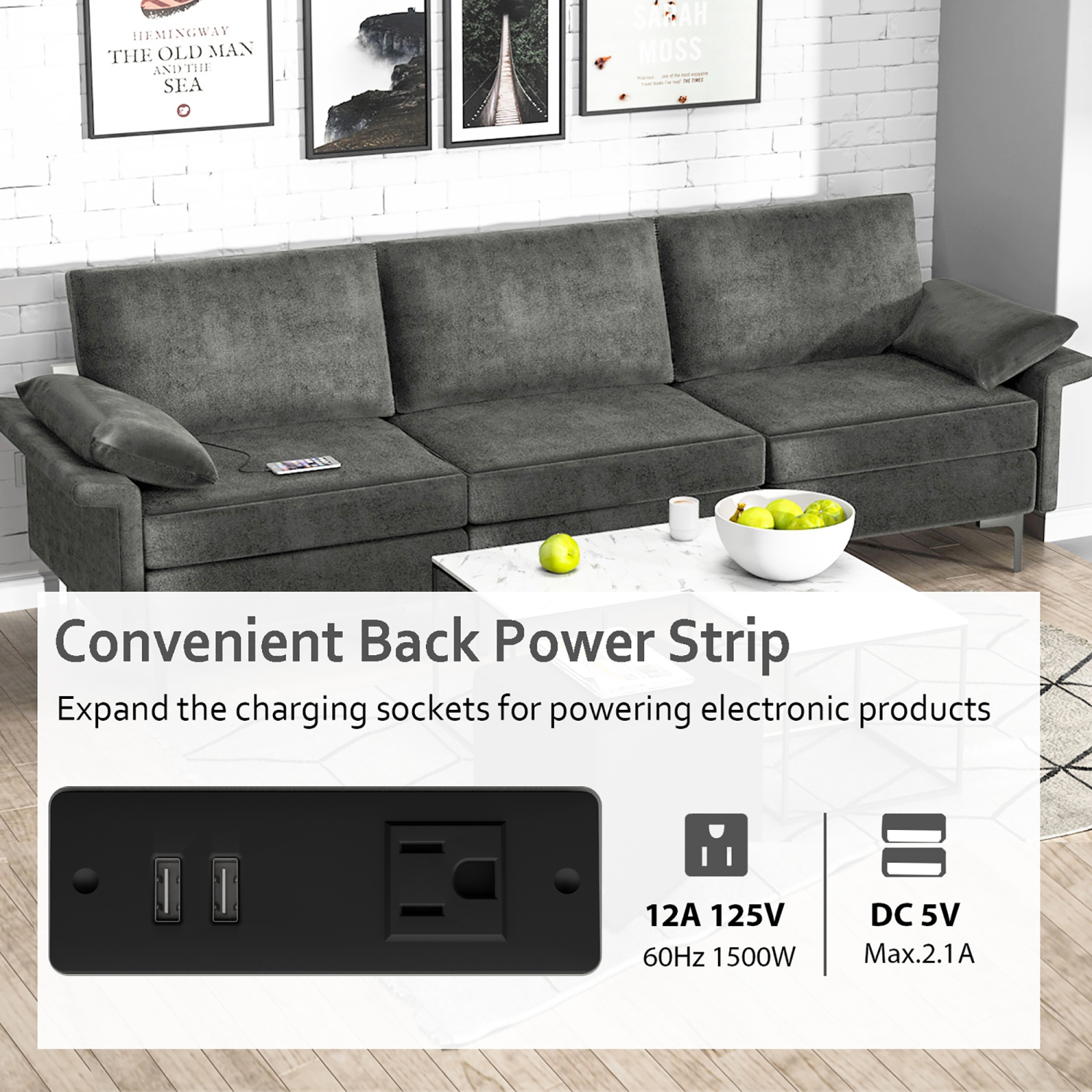 Sofa modulaire moderne en tissu à 3 sièges avec ports USB et pattes en métal de Costway