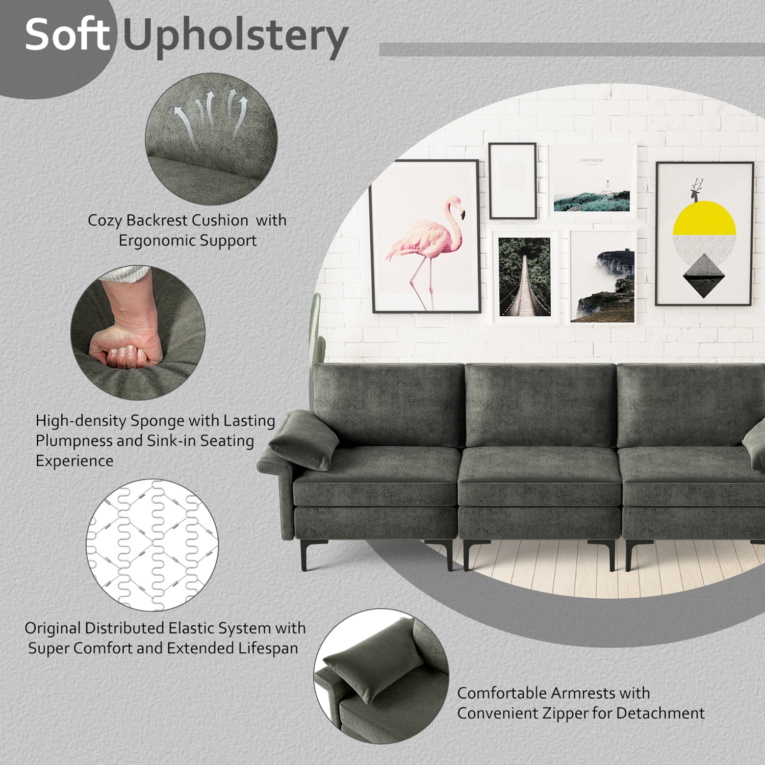 Sofa modulaire moderne en tissu à 3 sièges avec ports USB et pattes en métal de Costway