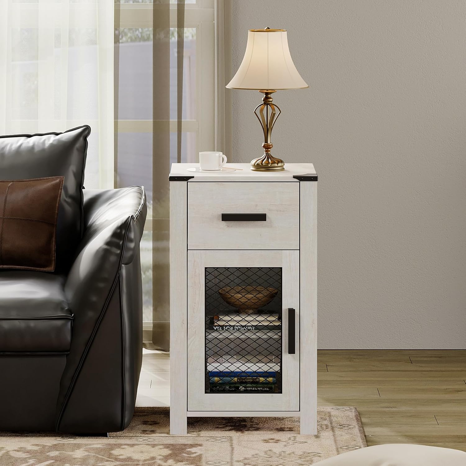 WAMPAT Farmhouse End Table with Drawer and Mesh Door Stroage, Sofa Side Table for Bedroom, Living Room, Antique White