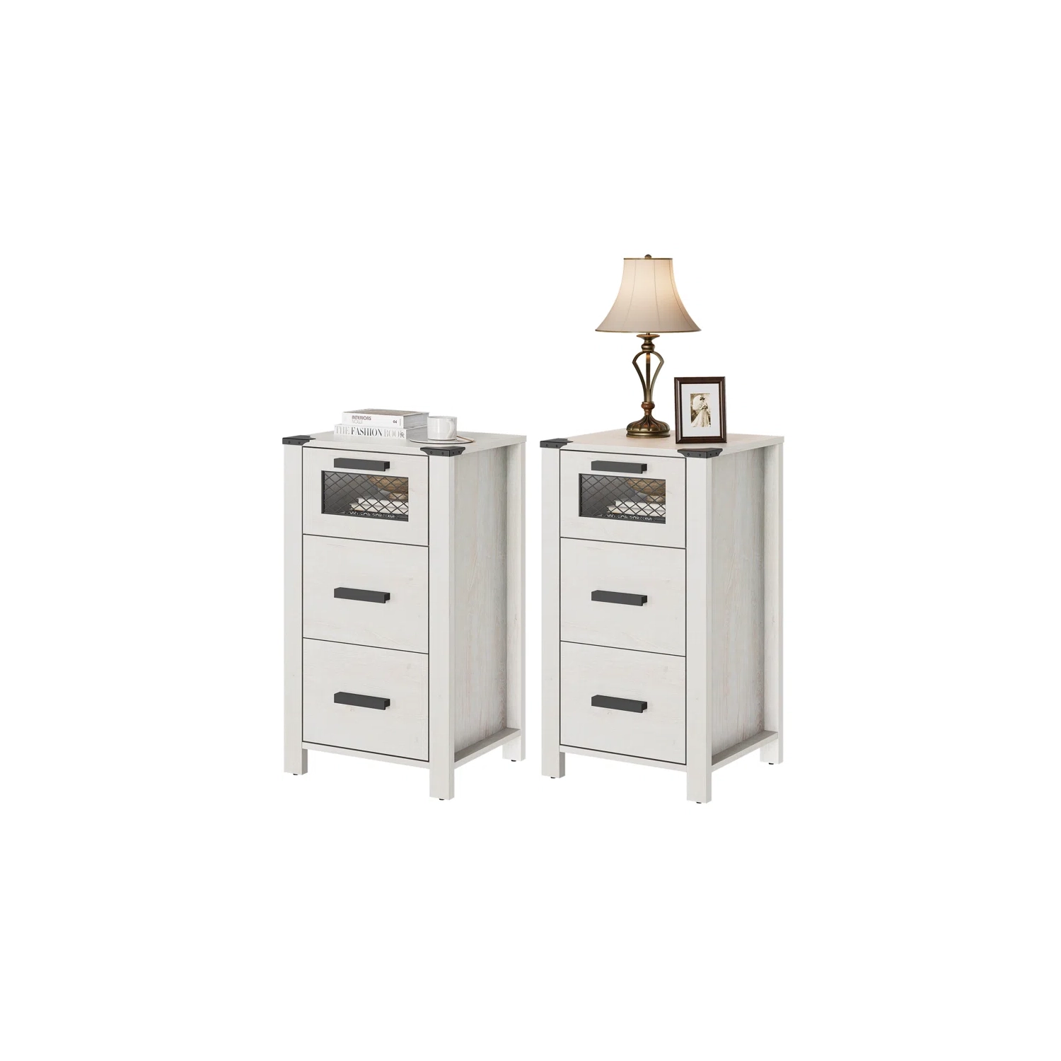 WAMPAT 2 Pack End Table with 3 Drawer Stroage, Farmhouse Sofa Side Table for Bedroom, Living Room, Antique White