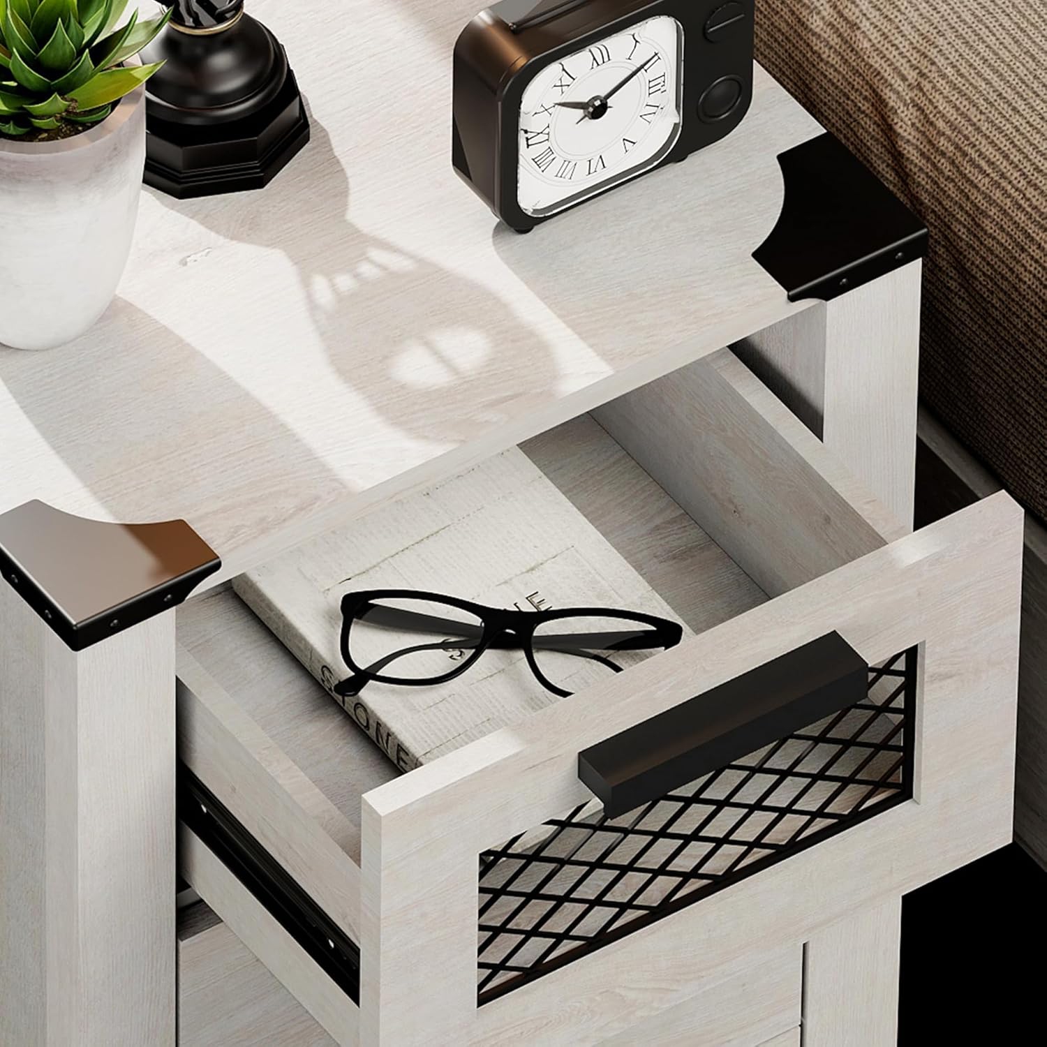 WAMPAT 2 Pack End Table with 3 Drawer Stroage, Farmhouse Sofa Side Table for Bedroom, Living Room, Antique White