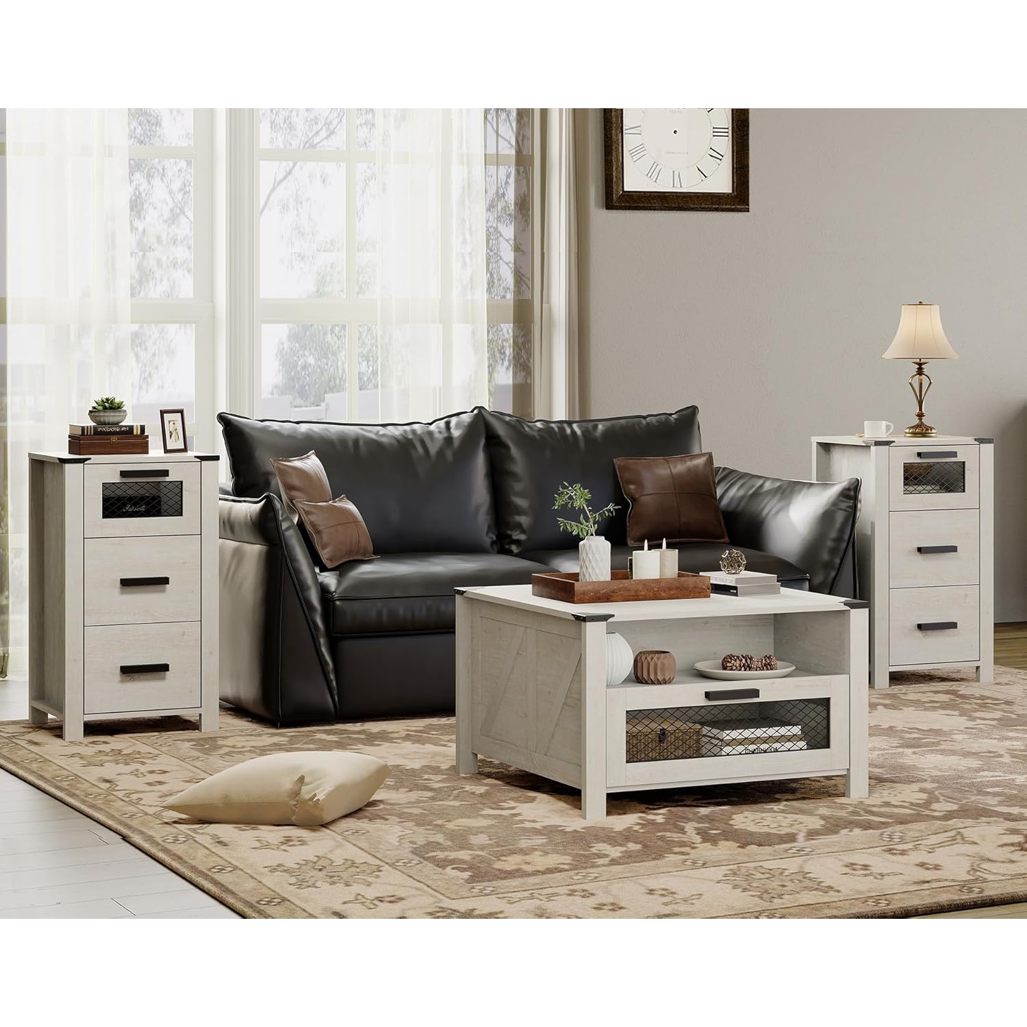 WAMPAT 2 Pack End Table with 3 Drawer Stroage, Farmhouse Sofa Side Table for Bedroom, Living Room, Antique White