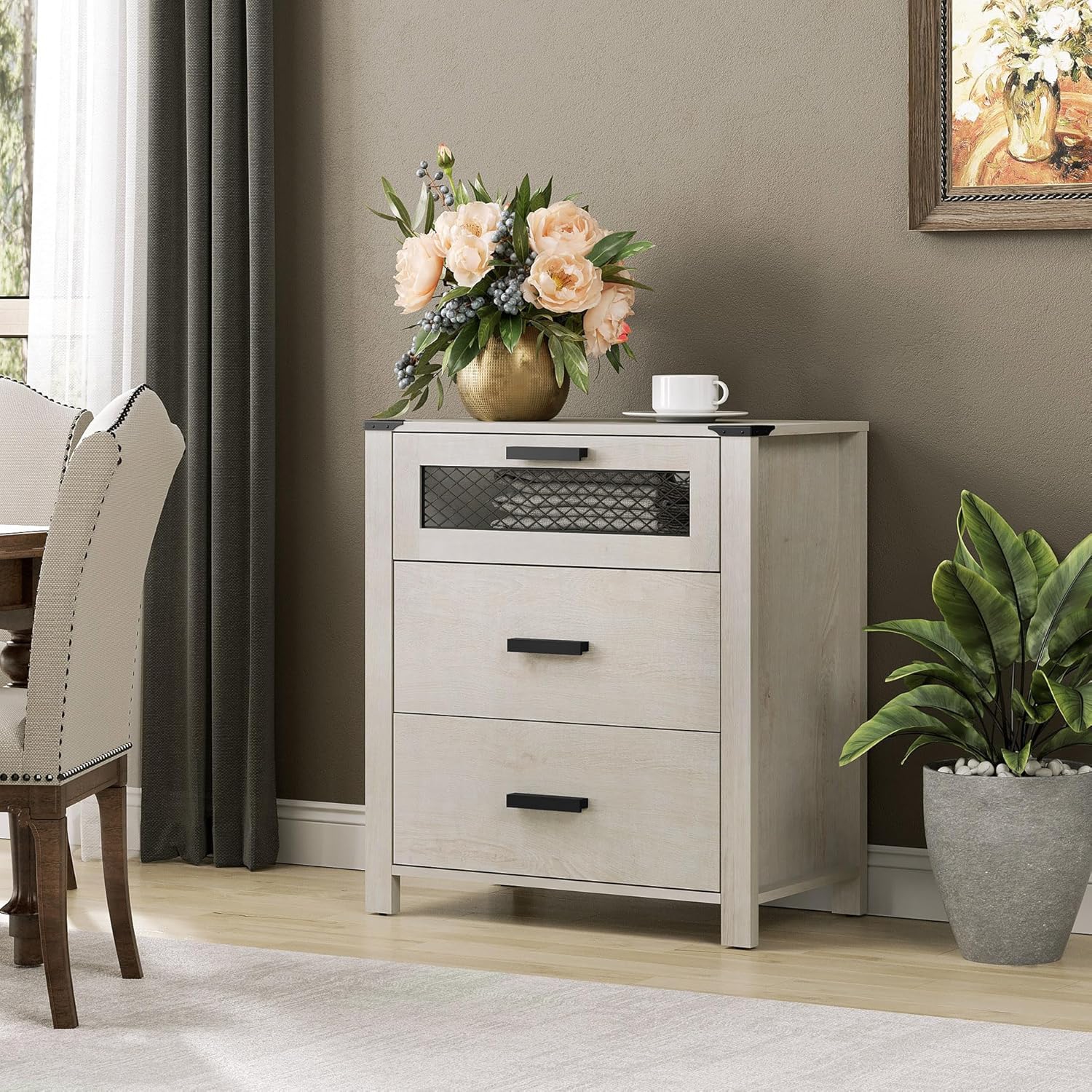 WAMPAT Dresser for Bedroom, Accent Chests of 3 Drawers,Storage Cabinet with Mesh Tower for Living Room, Hallway, Entryway, Antique White