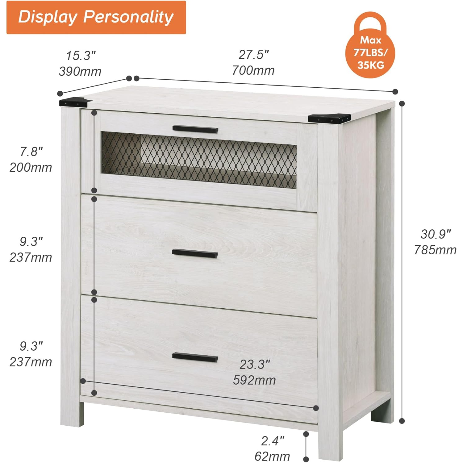 WAMPAT Dresser for Bedroom, Accent Chests of 3 Drawers,Storage Cabinet with Mesh Tower for Living Room, Hallway, Entryway, Antique White