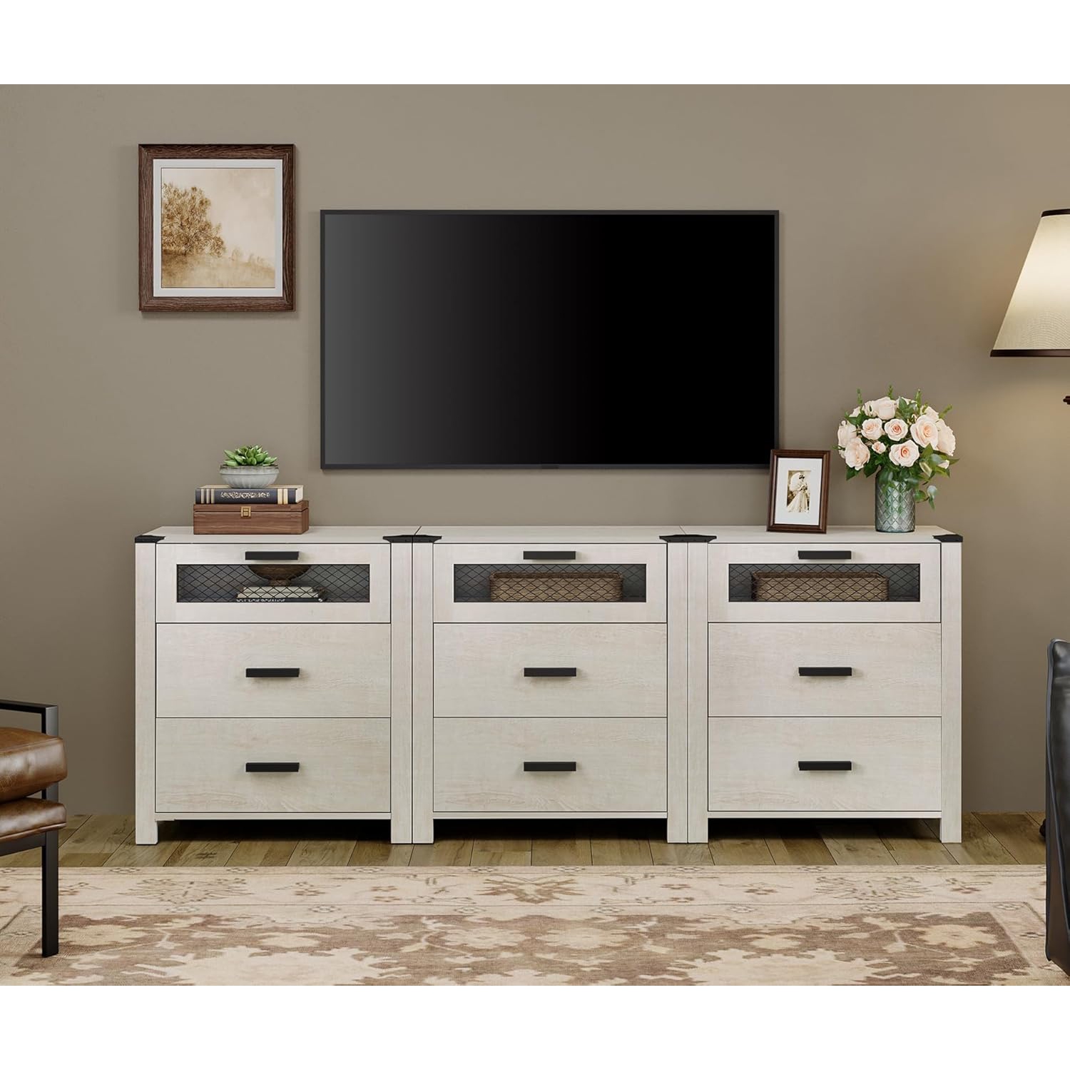 WAMPAT Dresser for Bedroom, Accent Chests of 3 Drawers,Storage Cabinet with Mesh Tower for Living Room, Hallway, Entryway, Antique White