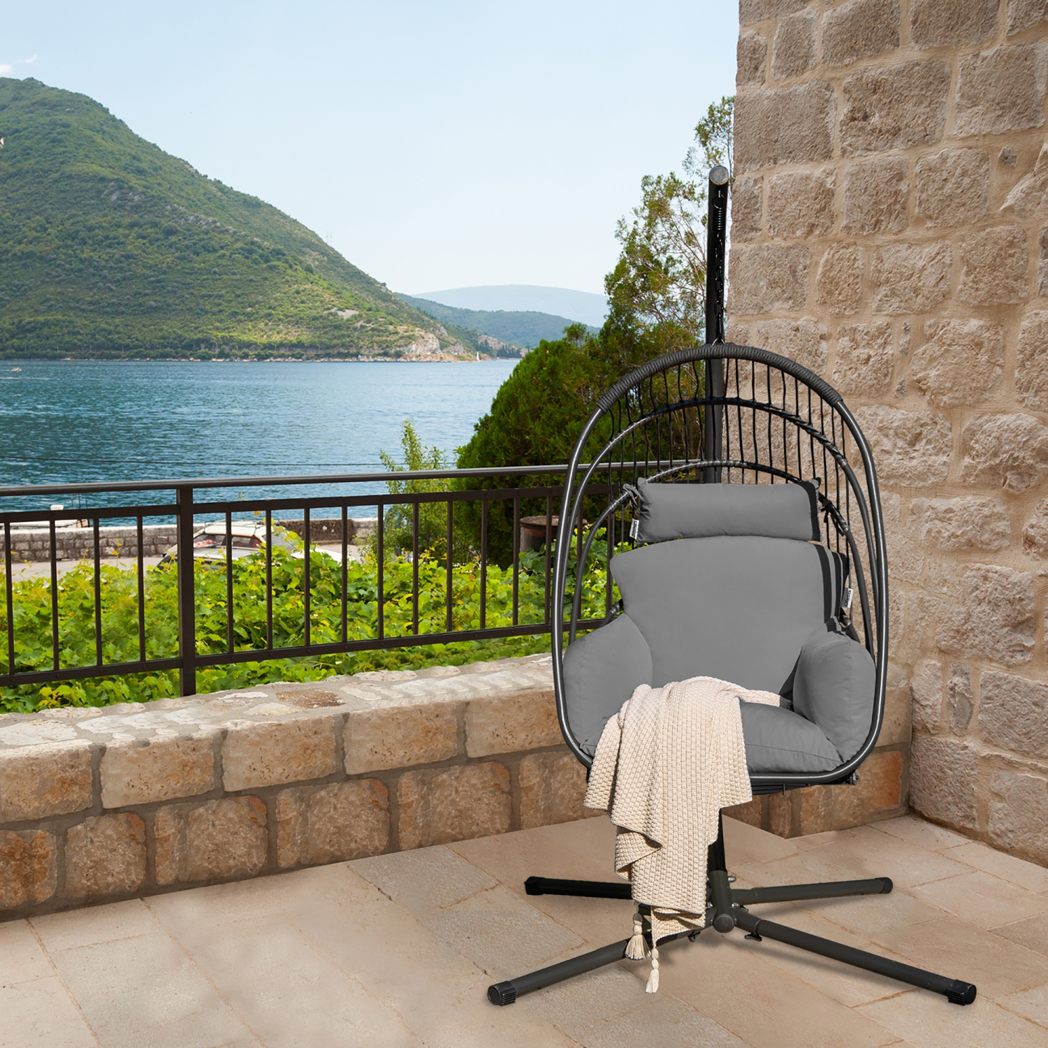 Costway Hanging Folding Egg Chair with Stand Soft Cushion Pillow Swing Hammock