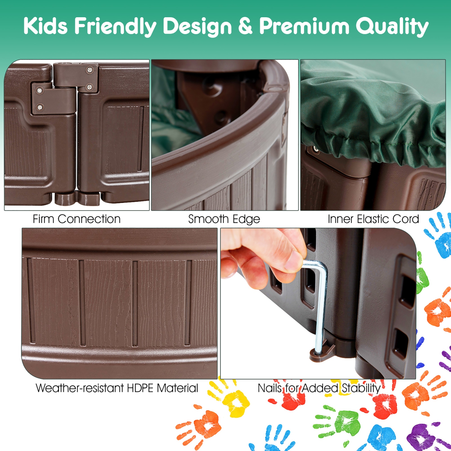 Bac à sable en bois 4F de Costway avec siège en coin intégré, housse, doublure inférieure pour le jeu en plein air