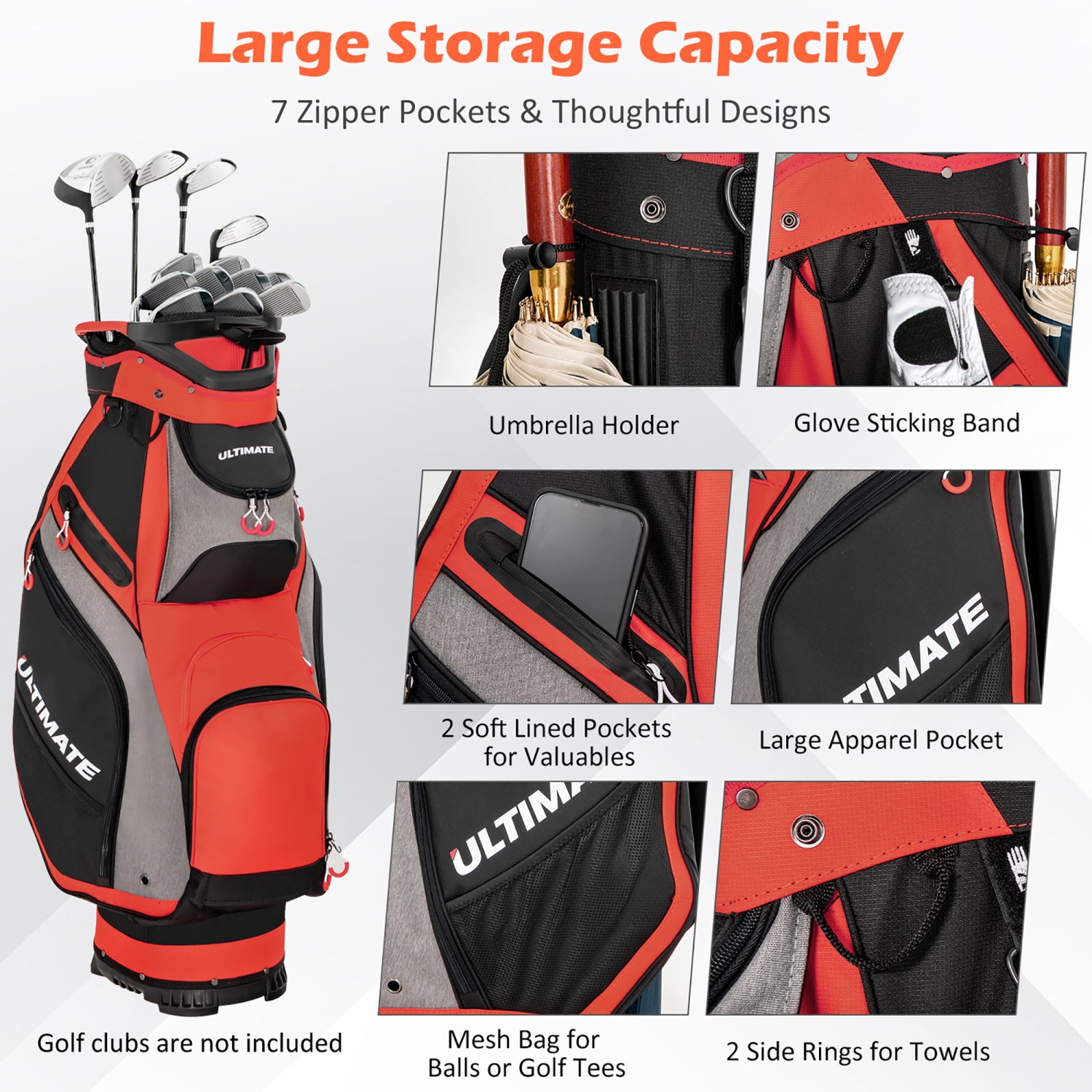 10.5" Golf Stand Bag w/14 Way Full-Length Dividers Rain Hood 7 Zippered Pockets