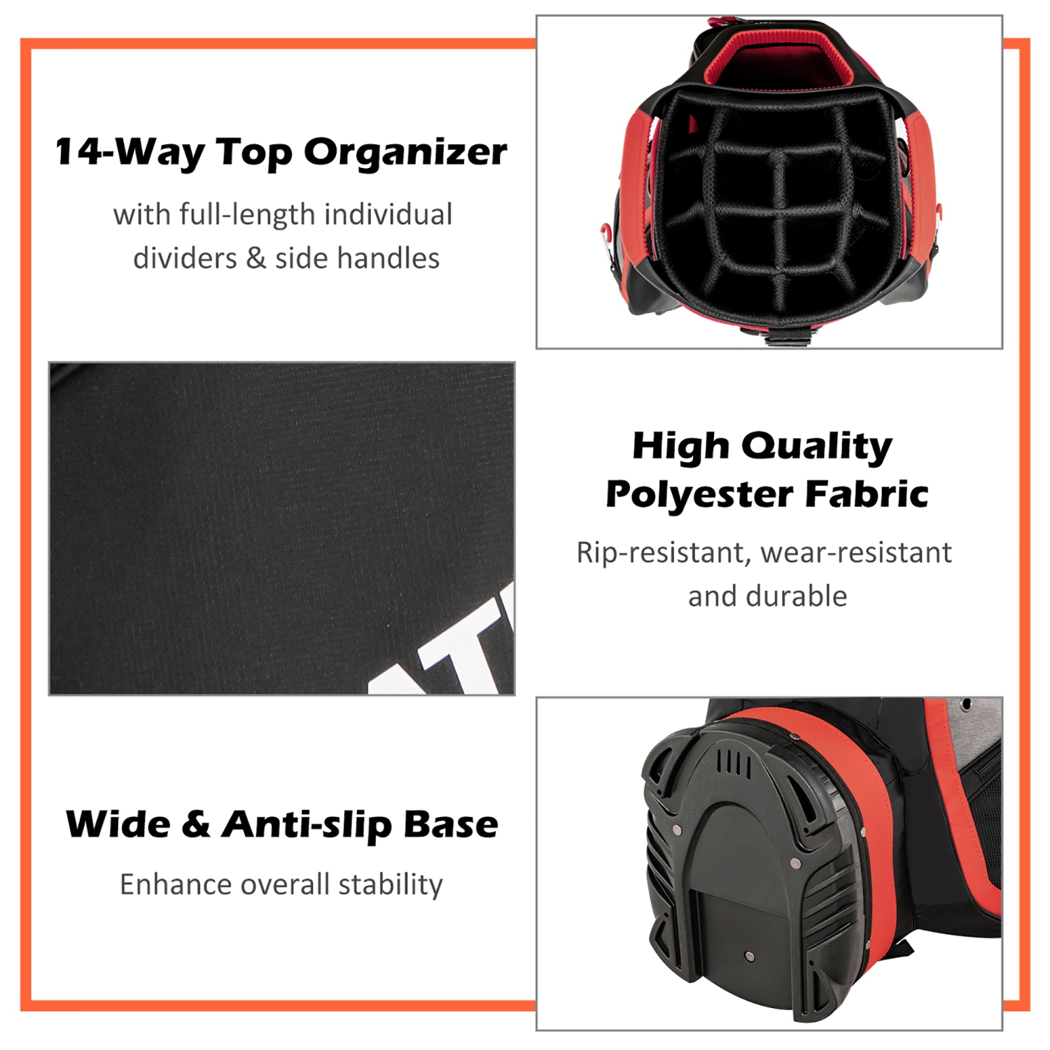 10.5" Golf Stand Bag w/14 Way Full-Length Dividers Rain Hood 7 Zippered Pockets