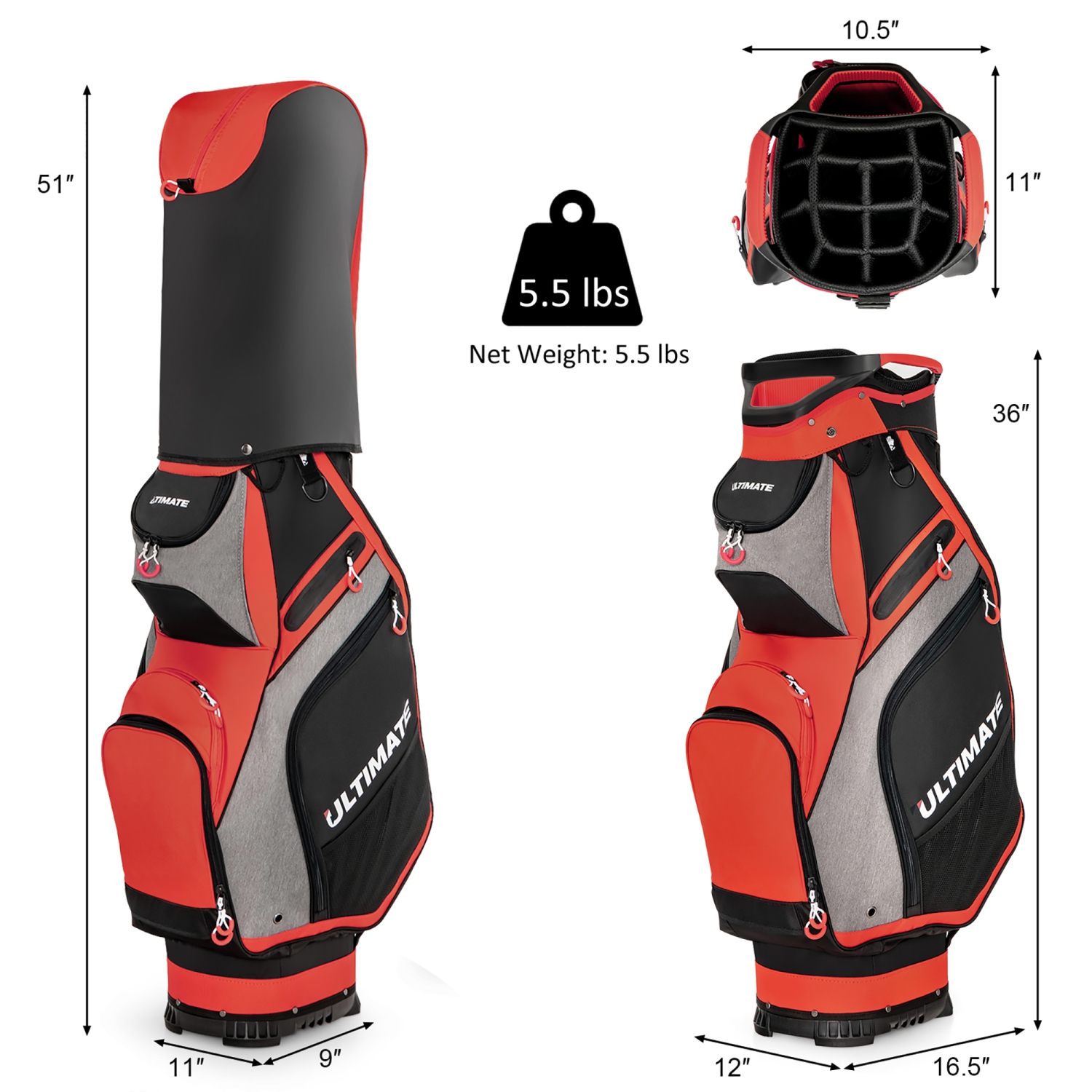 10.5" Golf Stand Bag w/14 Way Full-Length Dividers Rain Hood 7 Zippered Pockets