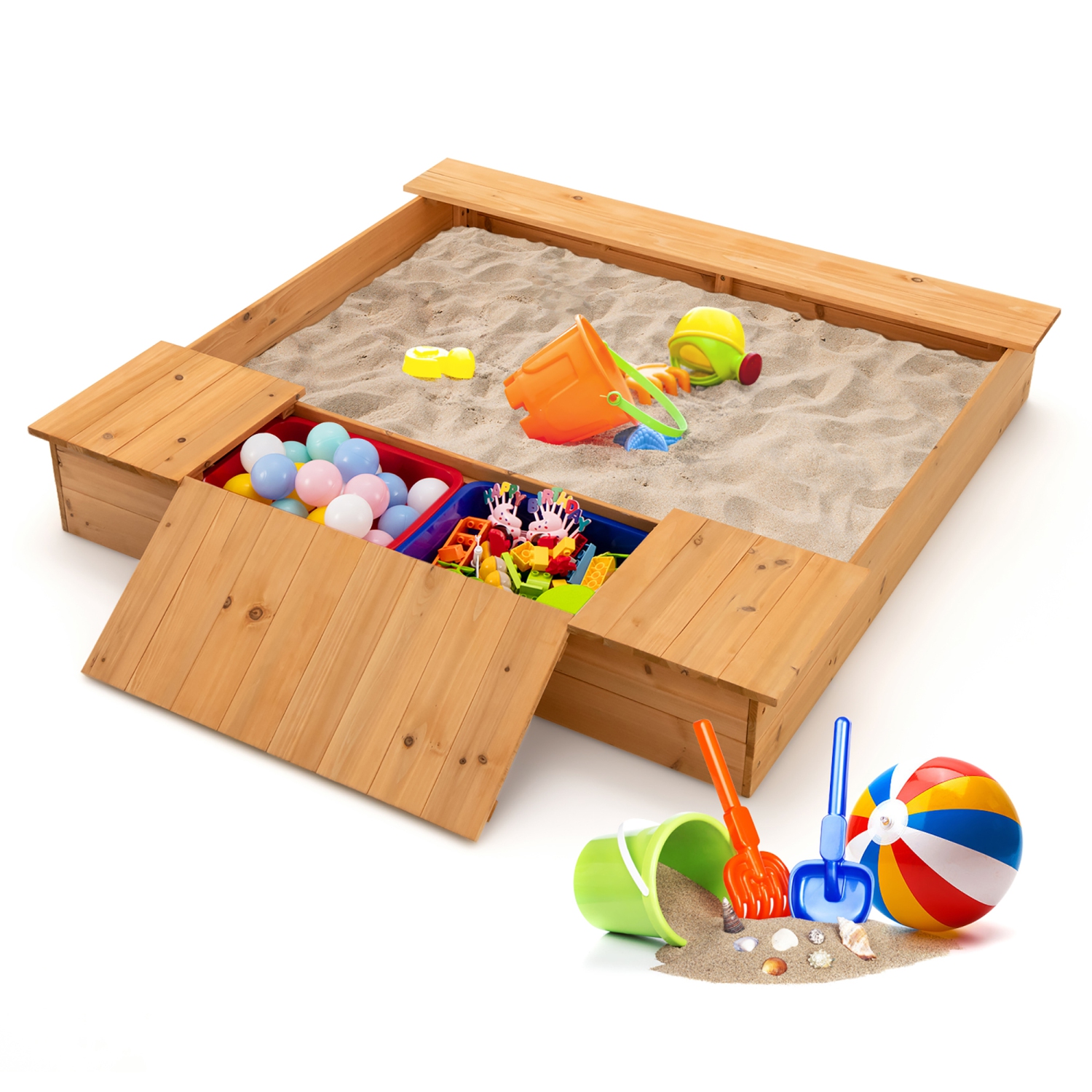 Bac à sable en bois pour enfants avec bancs et boîtes de rangement de Costway pour enfants Ensemble extérieur