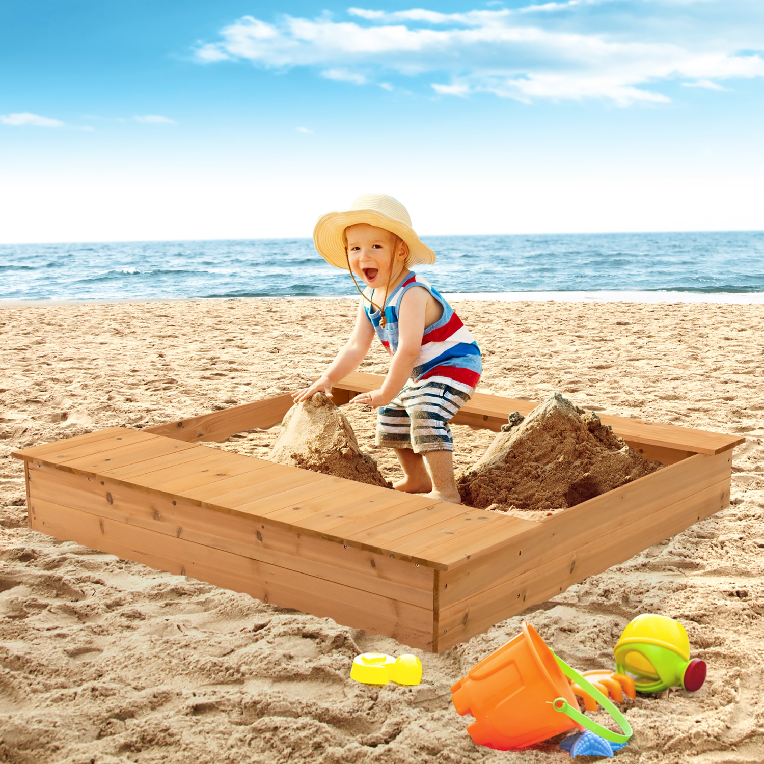 Bac à sable en bois pour enfants avec bancs et boîtes de rangement de Costway pour enfants Ensemble extérieur