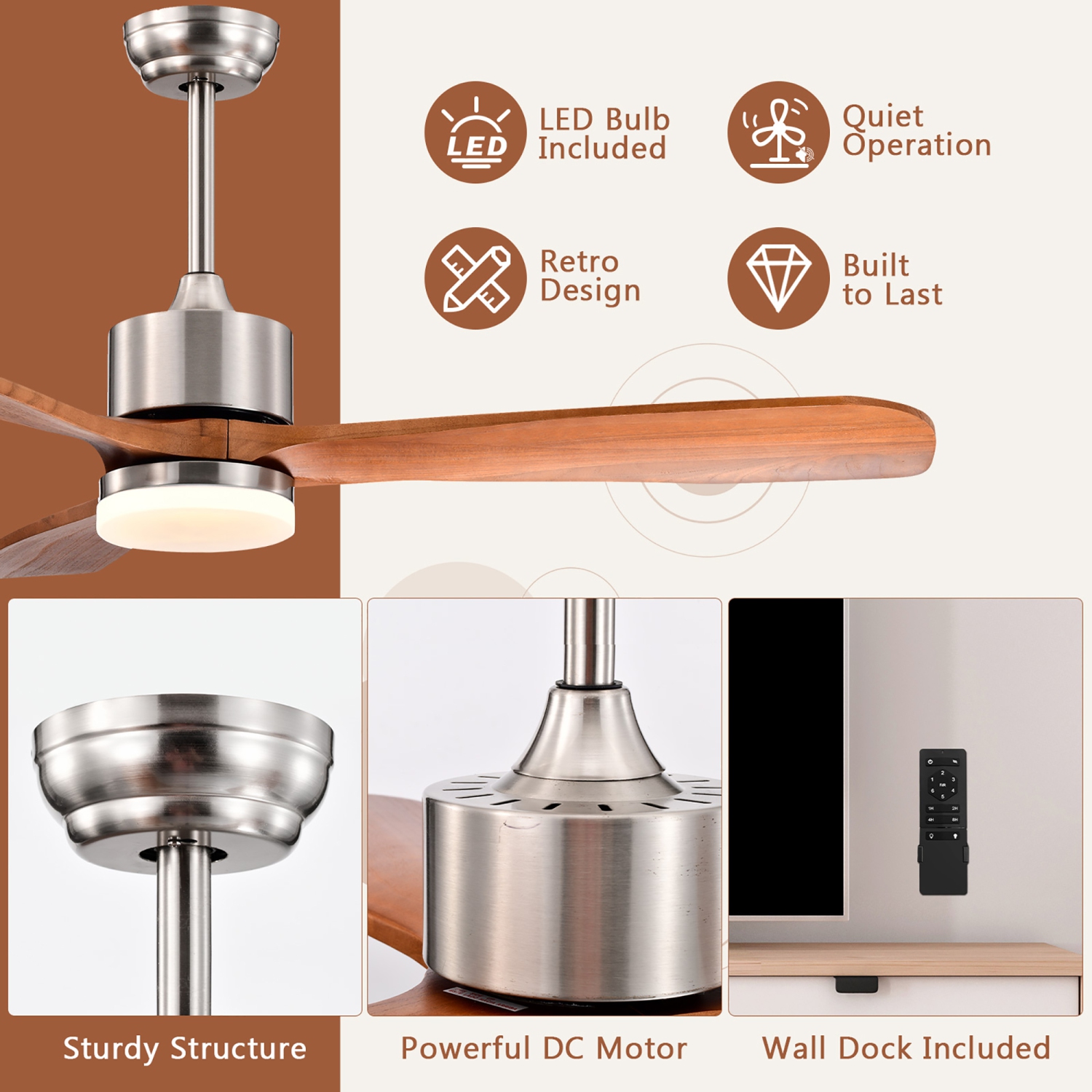 Ventilateur de plafond de 52 po avec lampe DEL réversible de Costway avec température réglable