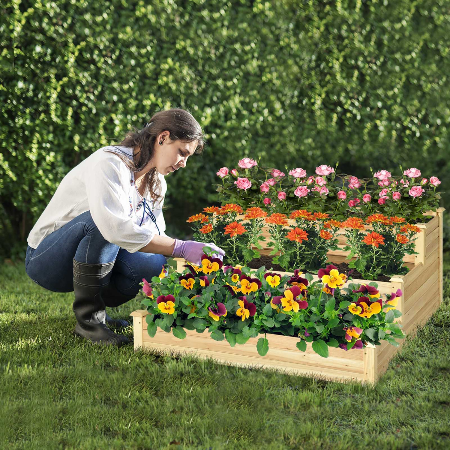 Costway 3-Tier Raised Garden Bed Wood Planter Kit for Flower Vegetable Herb 48x 48x 22in