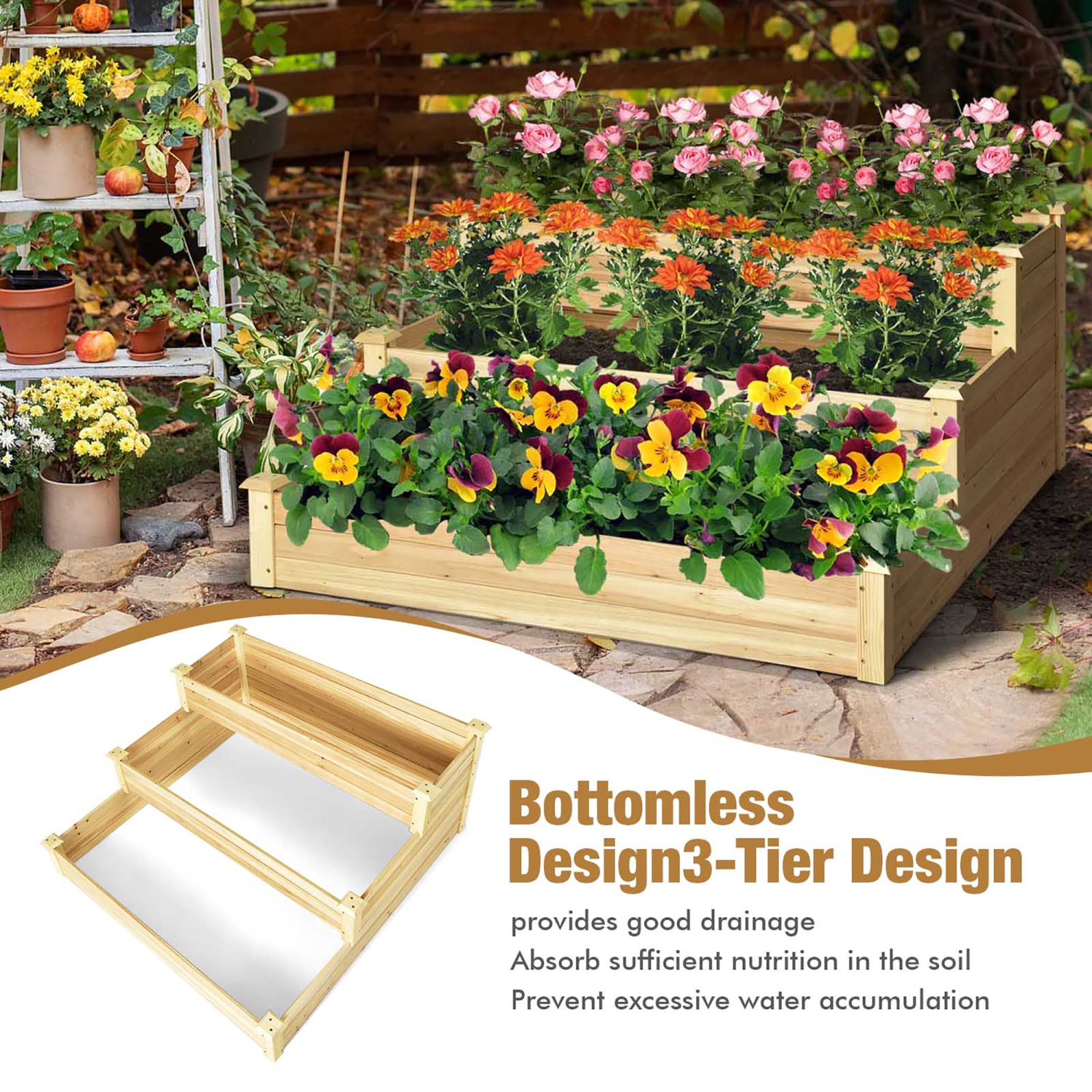 Costway 3-Tier Raised Garden Bed Wood Planter Kit for Flower Vegetable Herb 48x 48x 22in
