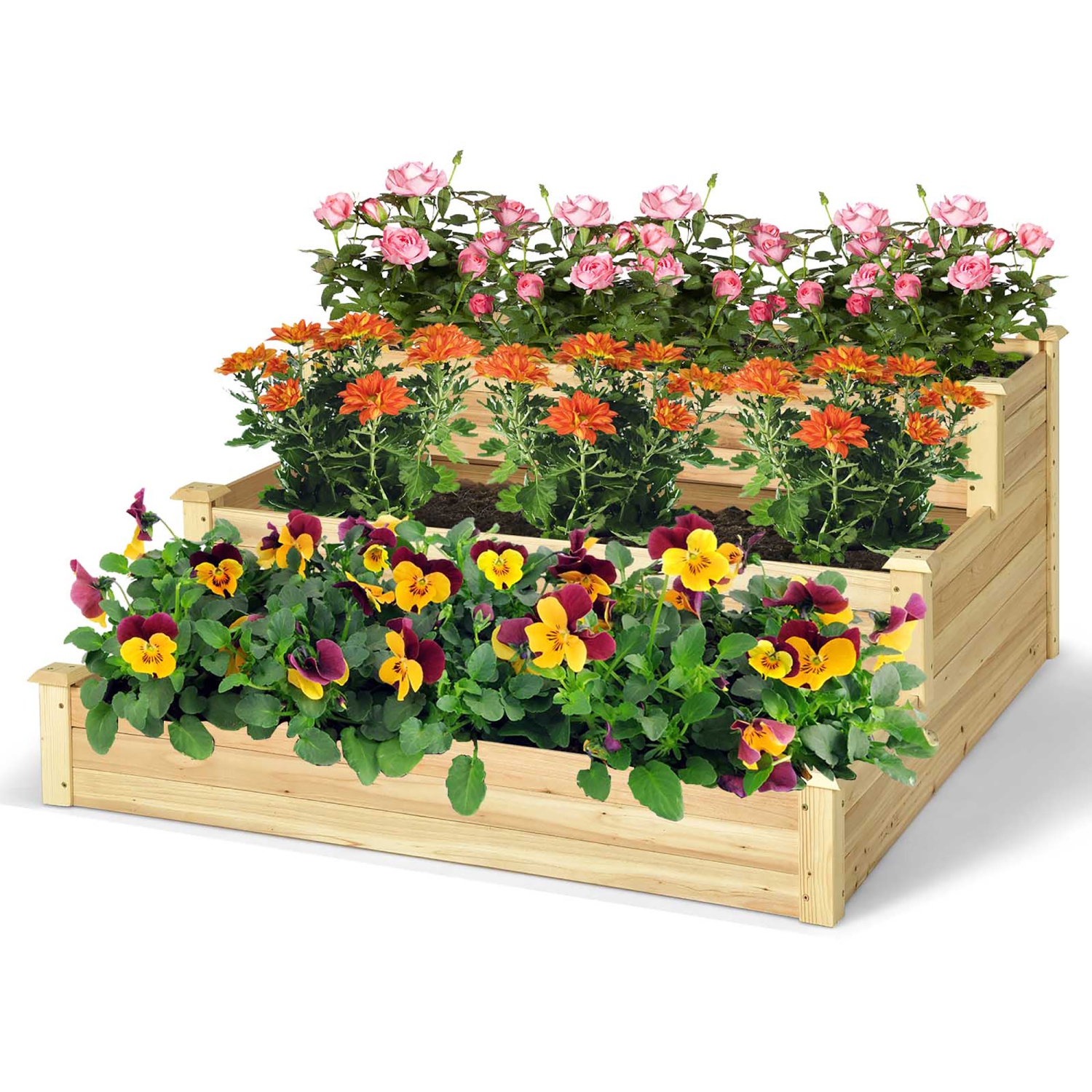 Costway 3-Tier Raised Garden Bed Wood Planter Kit for Flower Vegetable Herb 48x 48x 22in