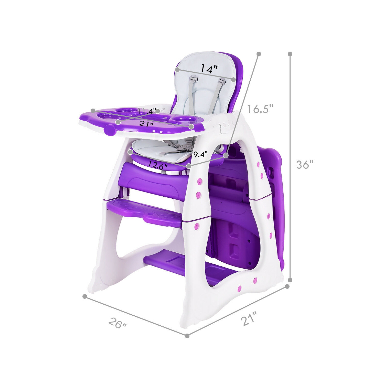 Costway 3 in 1 Baby High Chair Convertible Play Table Seat Booster Toddler Feeding Tray