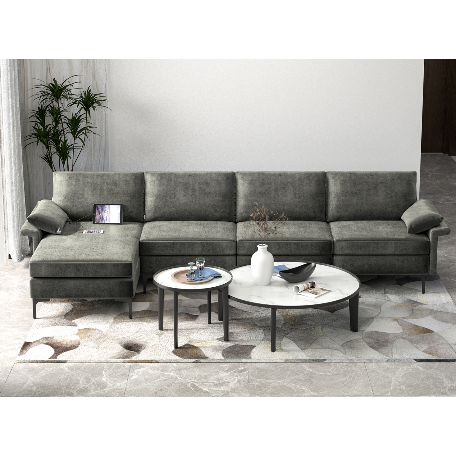 Costway Modern Modular L-shaped Sectional Sofa w/ Reversible Chaise & 2 USB Ports