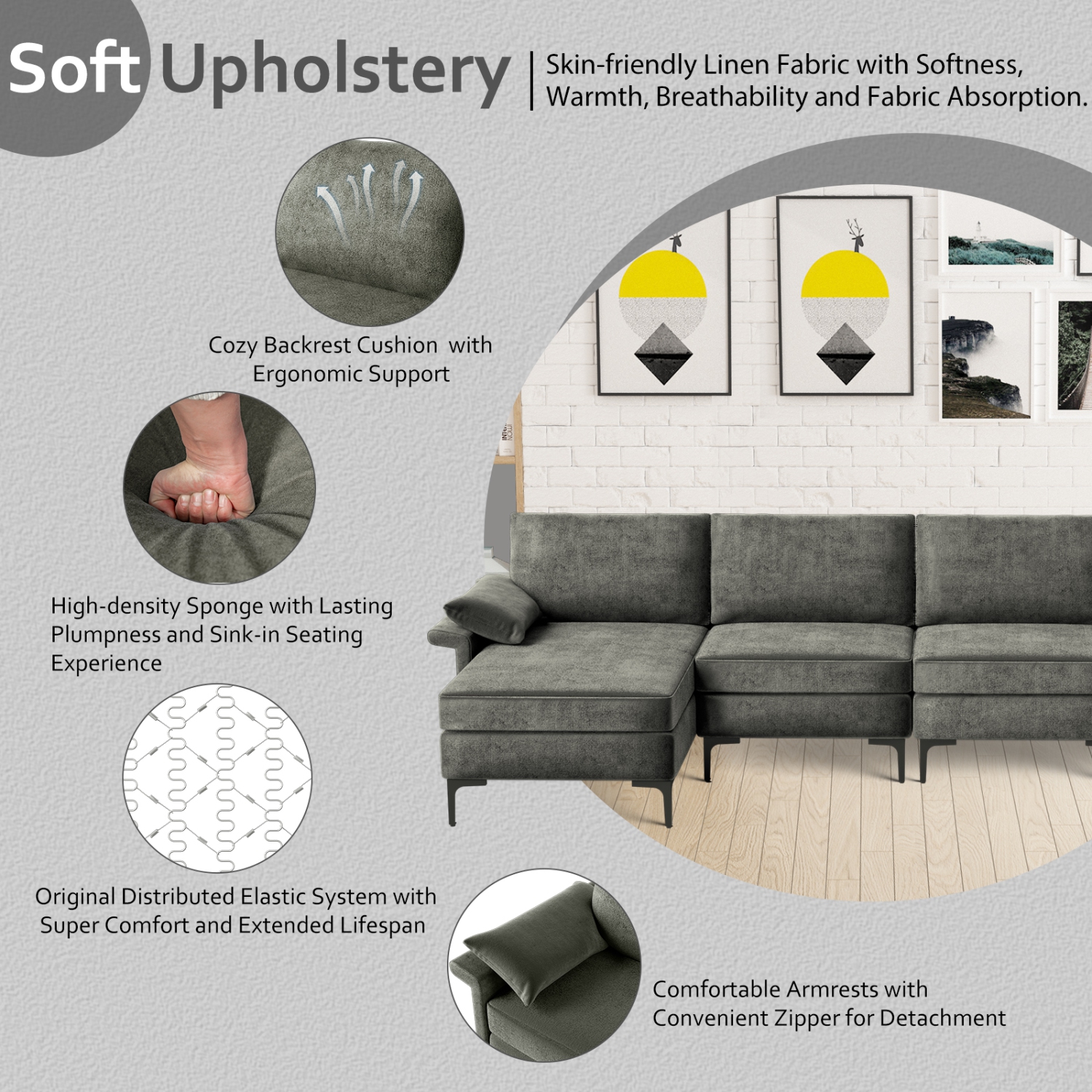Costway Modern Modular L-shaped Sectional Sofa w/ Reversible Chaise & 2 USB Ports