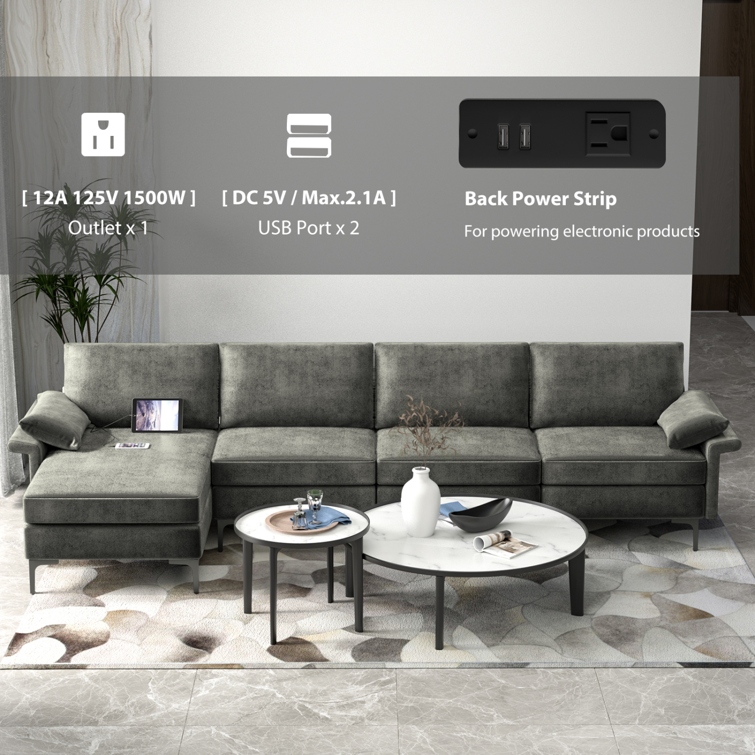 Costway Modern Modular L-shaped Sectional Sofa w/ Reversible Chaise & 2 USB Ports