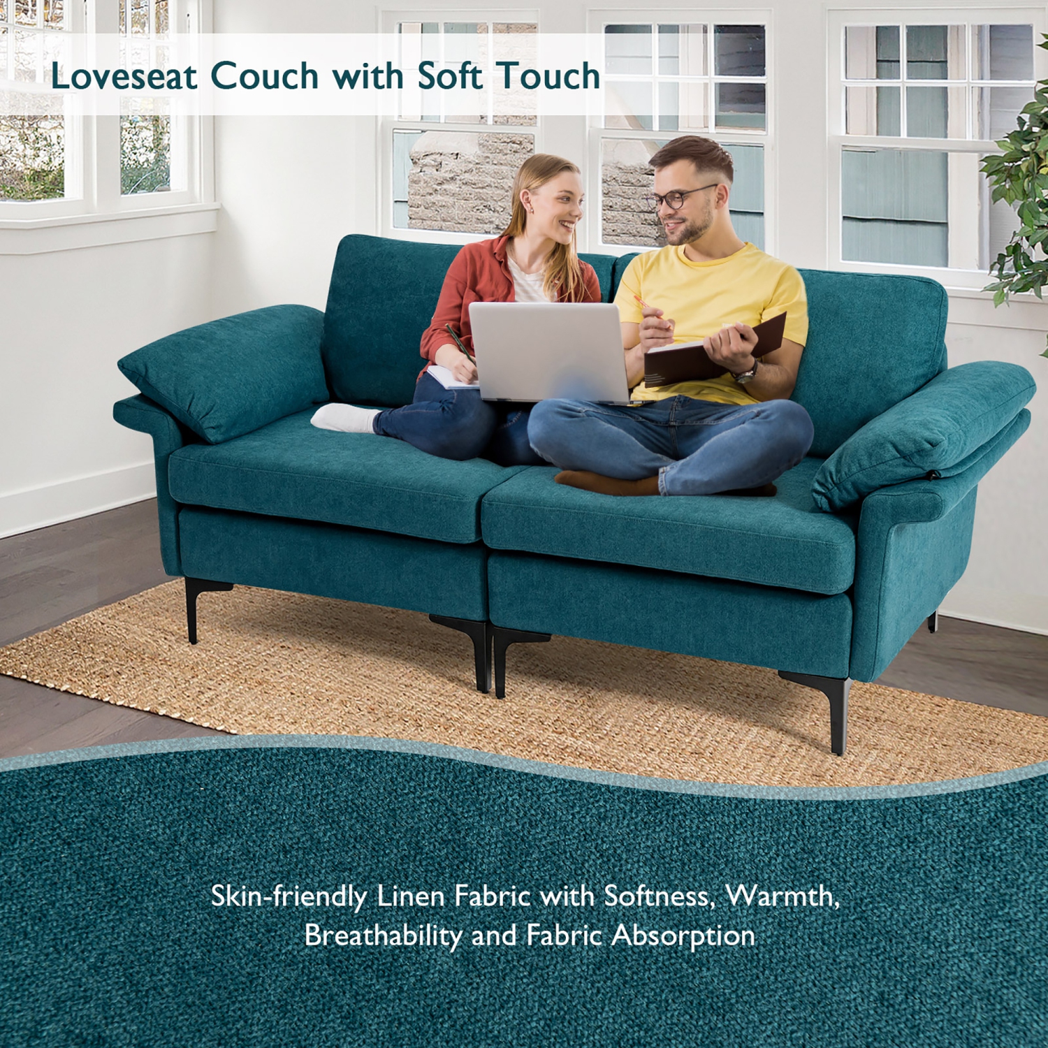 Costway Modern Loveseat Fabric 2-Seat Sofa Couch for Small Space w/ Metal Legs