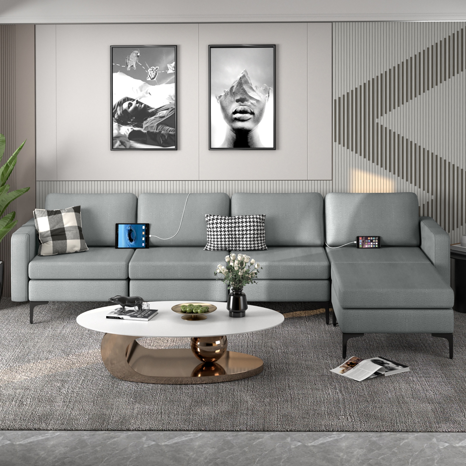 Costway Modular L-shaped Sectional Sofa w/ Reversible Chaise & 4 USB Ports