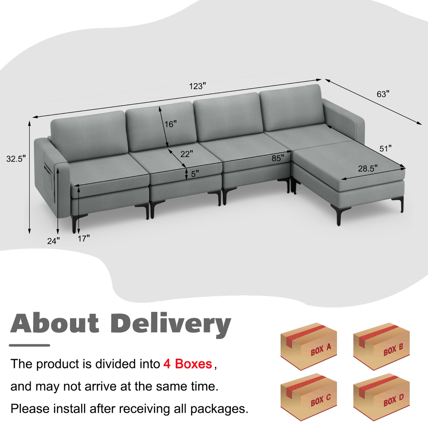 Costway Modular L-shaped Sectional Sofa w/ Reversible Chaise & 4 USB Ports