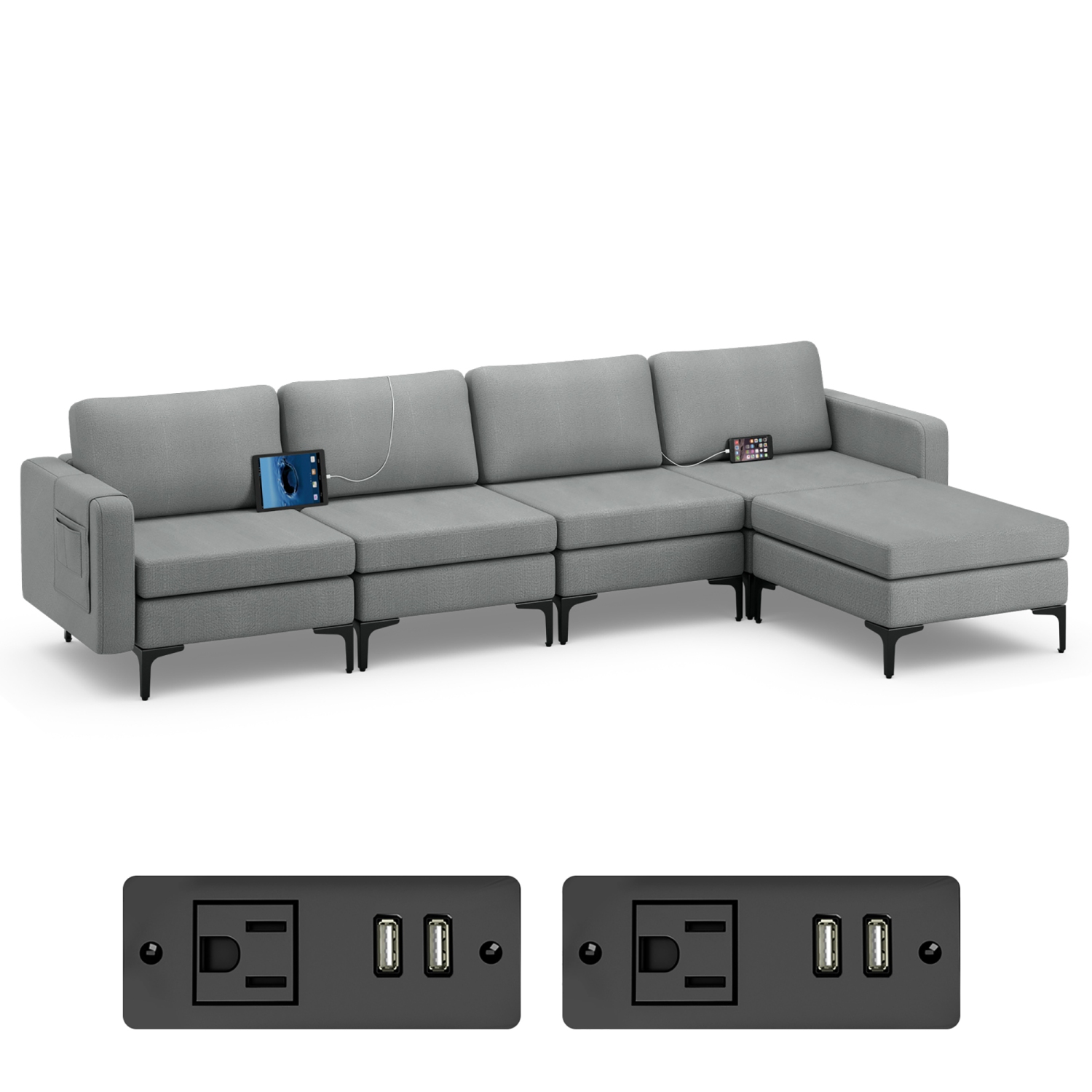 Costway Modular L-shaped Sectional Sofa w/ Reversible Chaise & 4 USB Ports