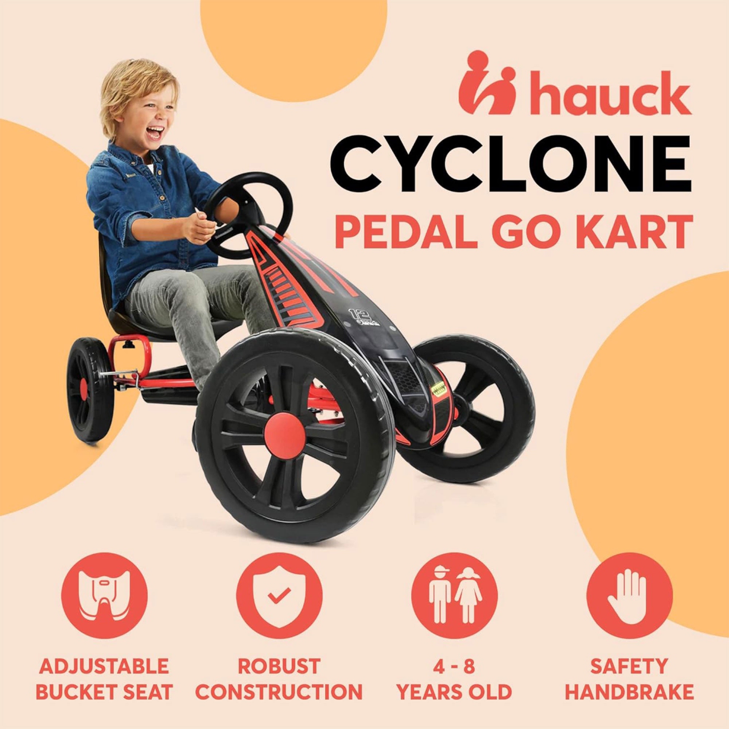 hauck Cyclone Racing Go Kart w/ Low Profile Rubber Tires & Handbrake Design, Red