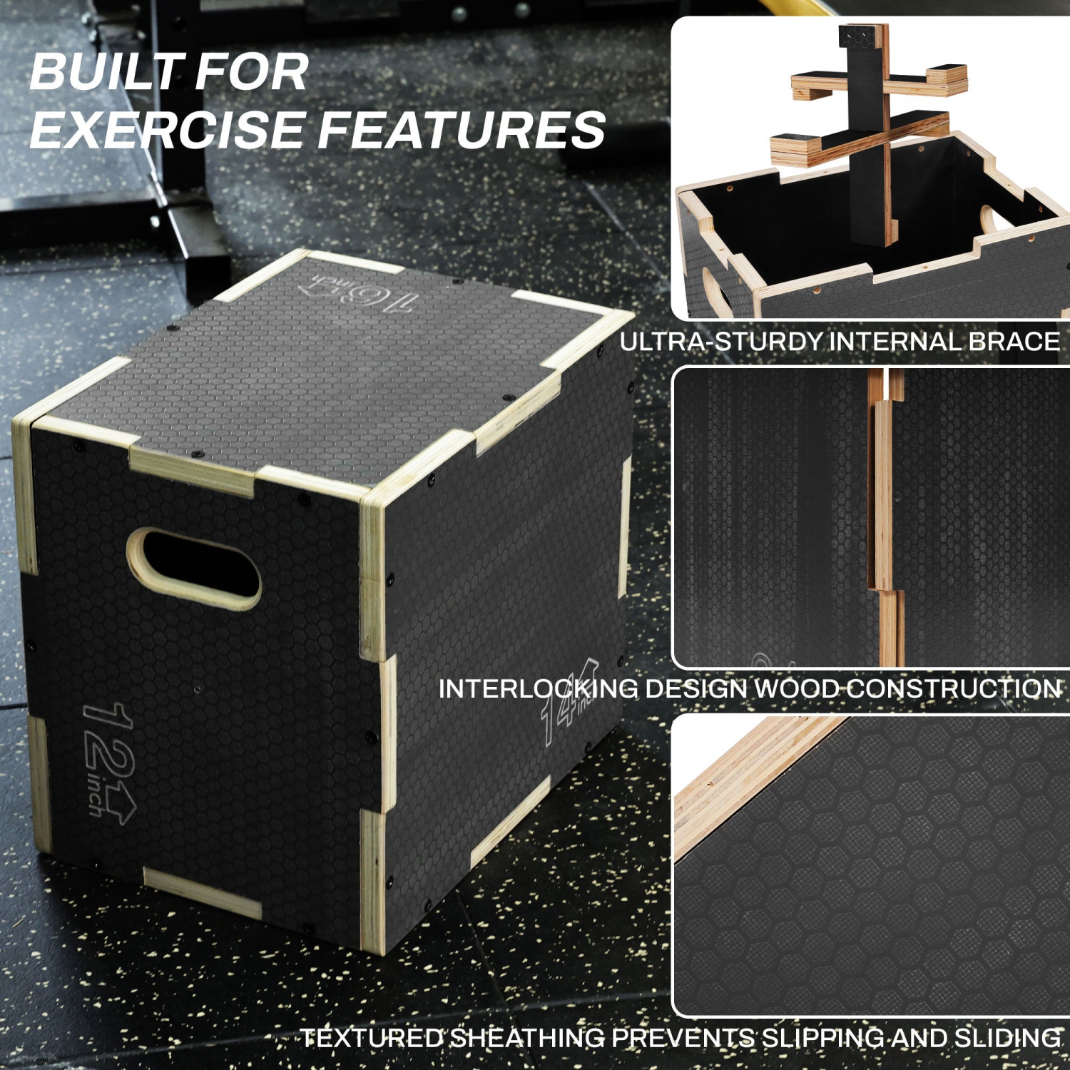 Signature Fitness – plateforme de saut antidérapante en bois PLYO Box de 16 x 14 x 12 po, gris