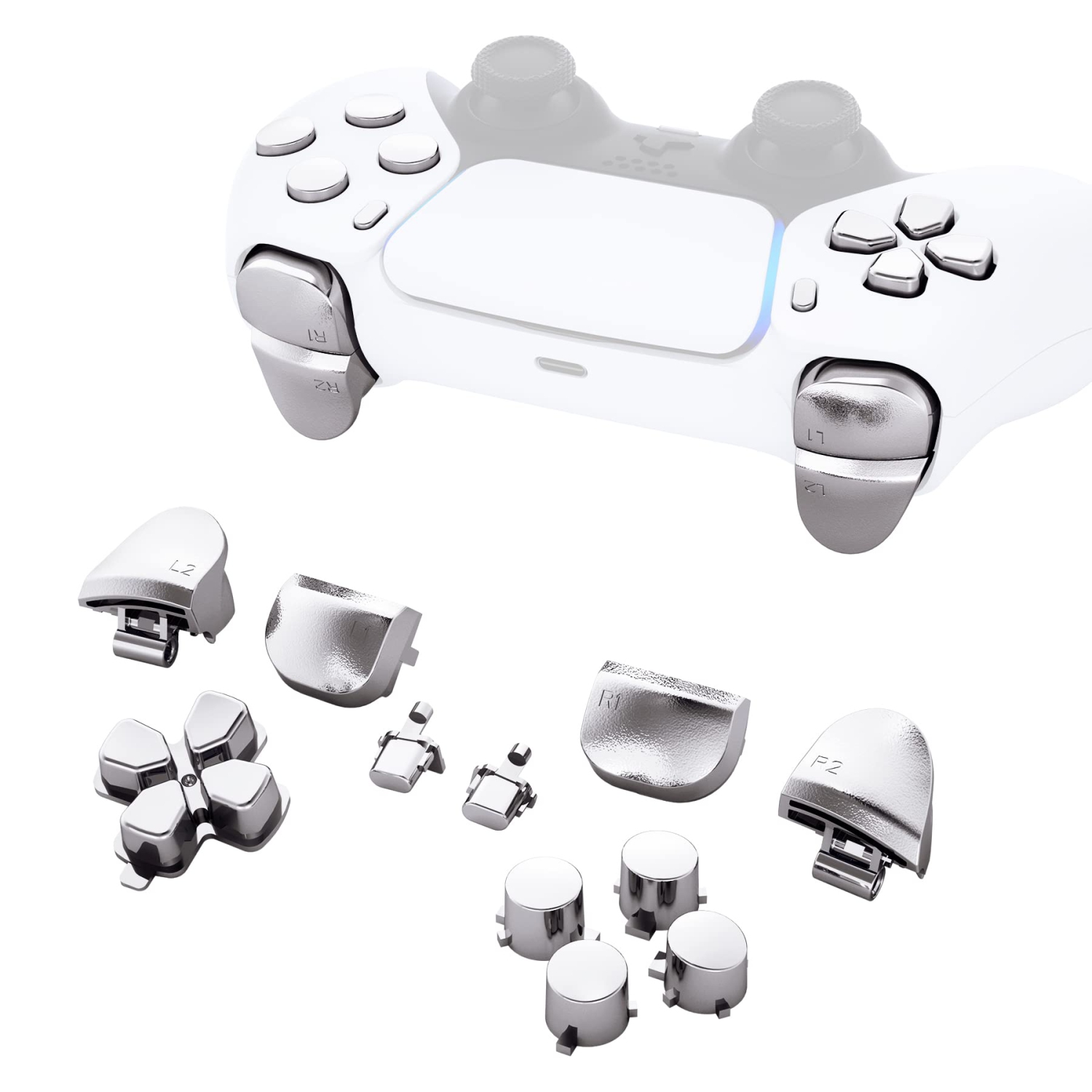 Remplacement D-Pad R1 L1 R2 L2 déclencheurs Options de partage boutons de face, boutons de réglage complet Chrome Silver compatible avec le