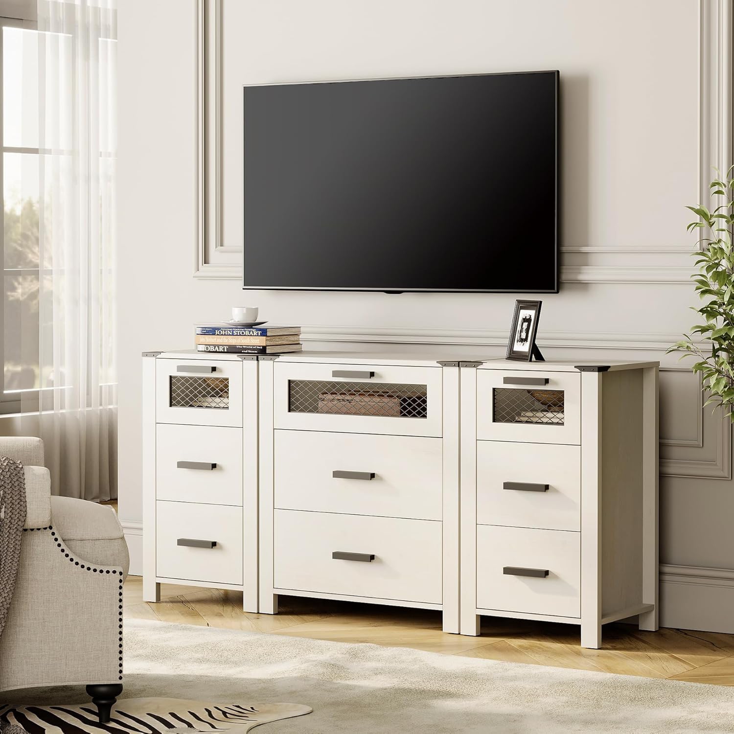 WAMPAT TV Stand with 9 Drawers, Dresser Cabinet with Storage Organizer Units,Chest Tower with Mesh Door, for Dining, Living and Bed Room, Antique