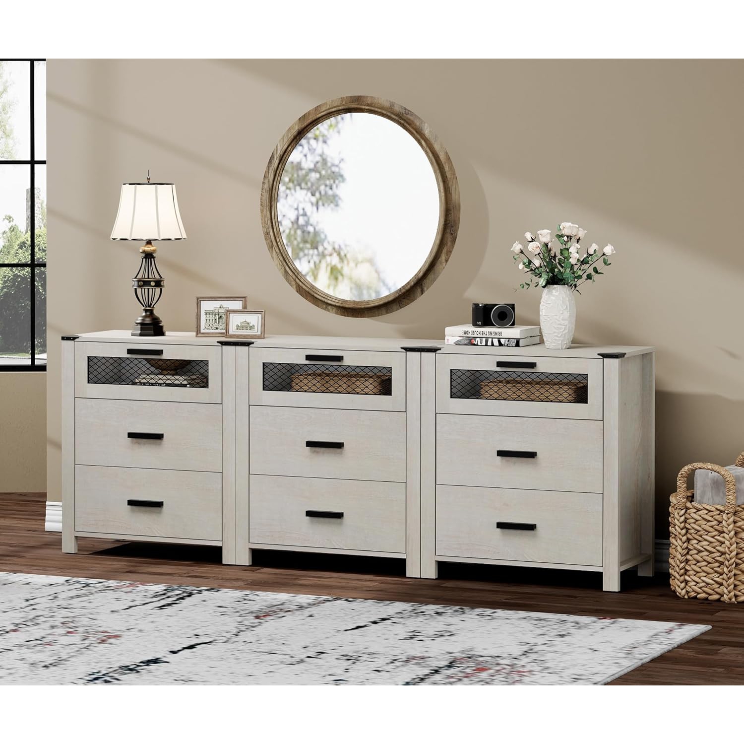 Commode WAMPAT pour chambre à coucher, unités de rangement meubles, tour de coffre avec porte en filet pour salon, blanc antique