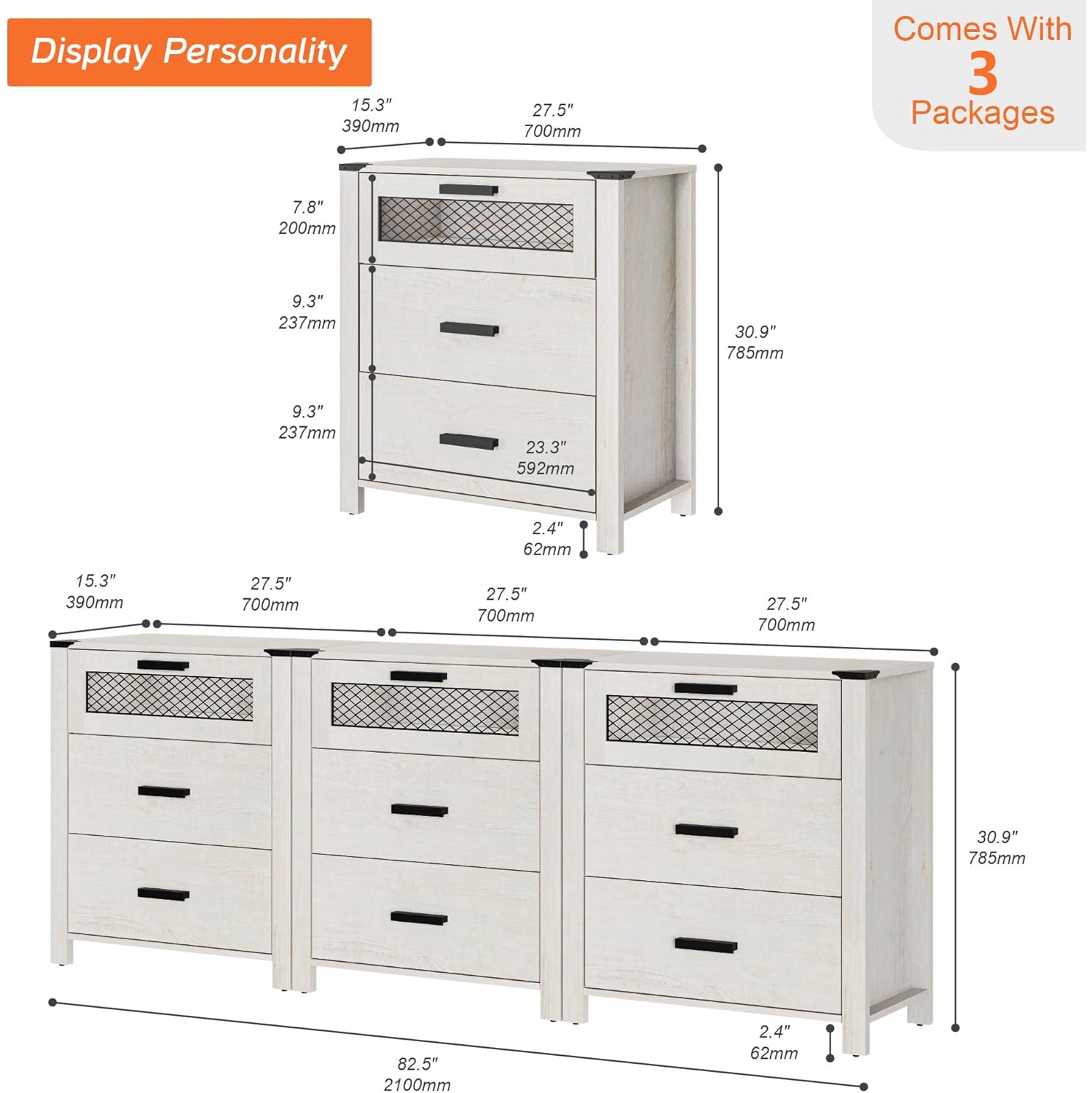 Commode WAMPAT pour chambre à coucher, unités de rangement meubles, tour de coffre avec porte en filet pour salon, blanc antique