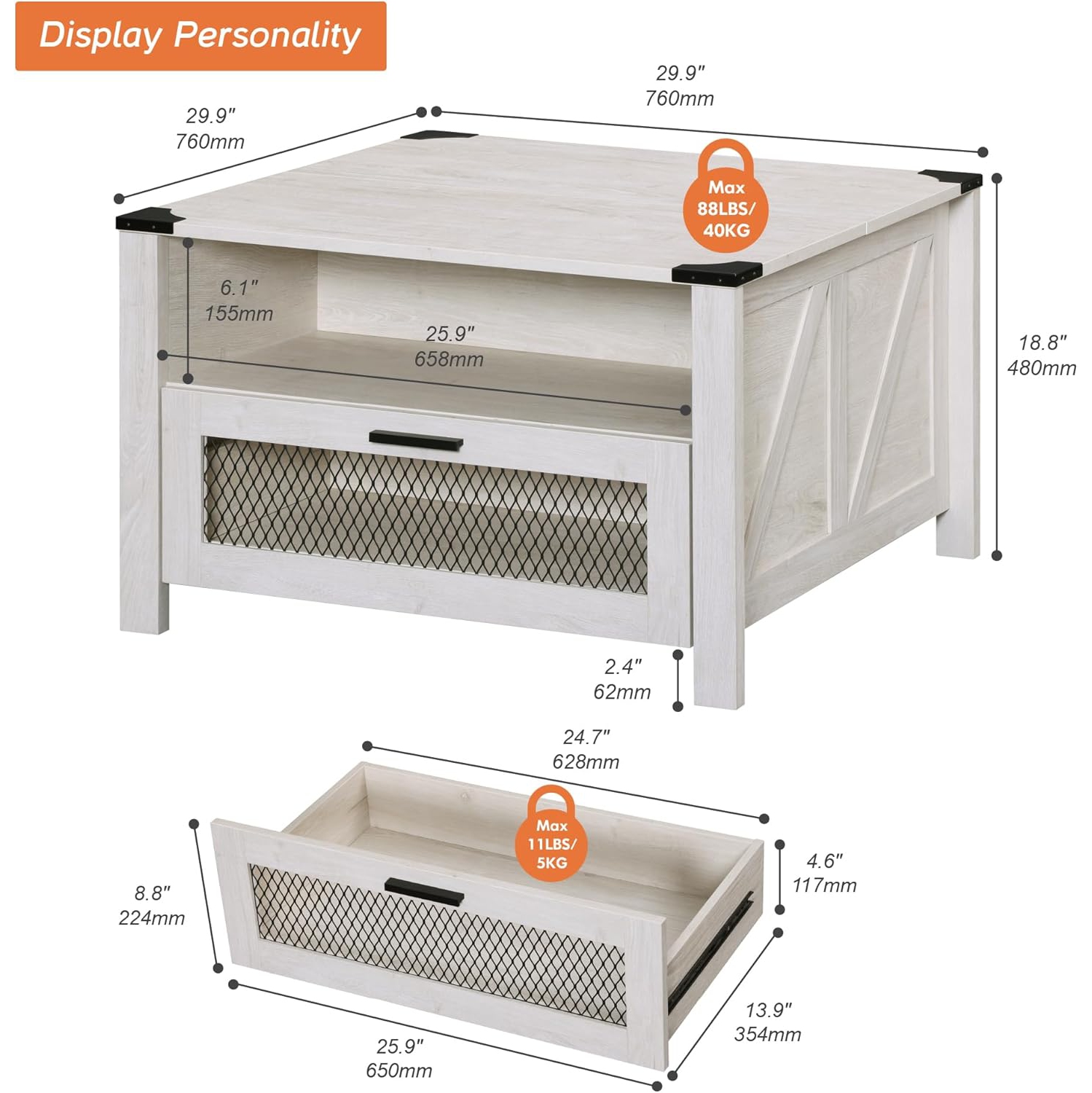 WAMPAT Coffee Table for Living Room,Drawer Coffee Table with Storage,Square Accent Furniture with 2 Compartments Open Shelf,Antique White